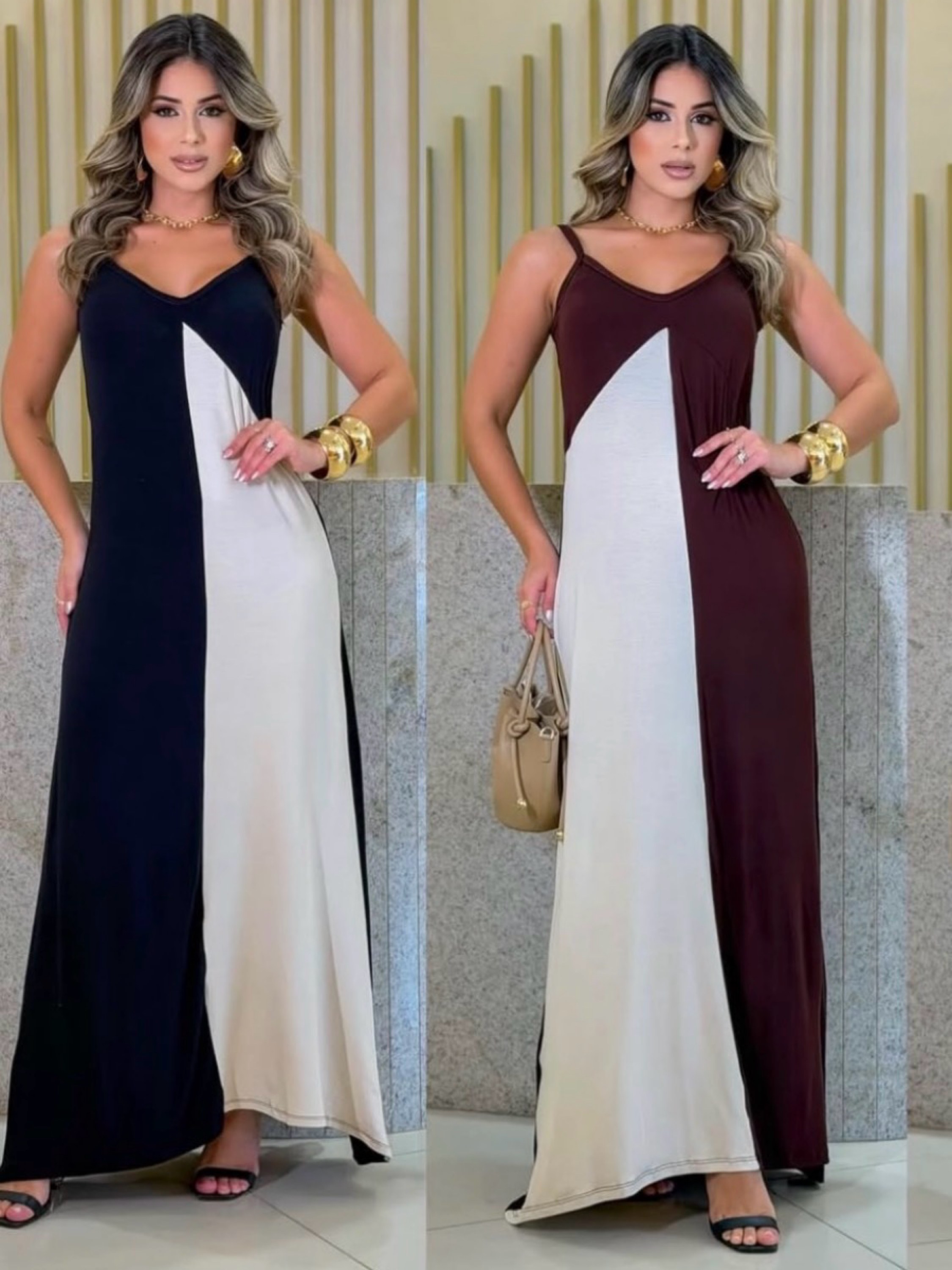 Vestido Longo Assimétrico Bicolor Moletinho