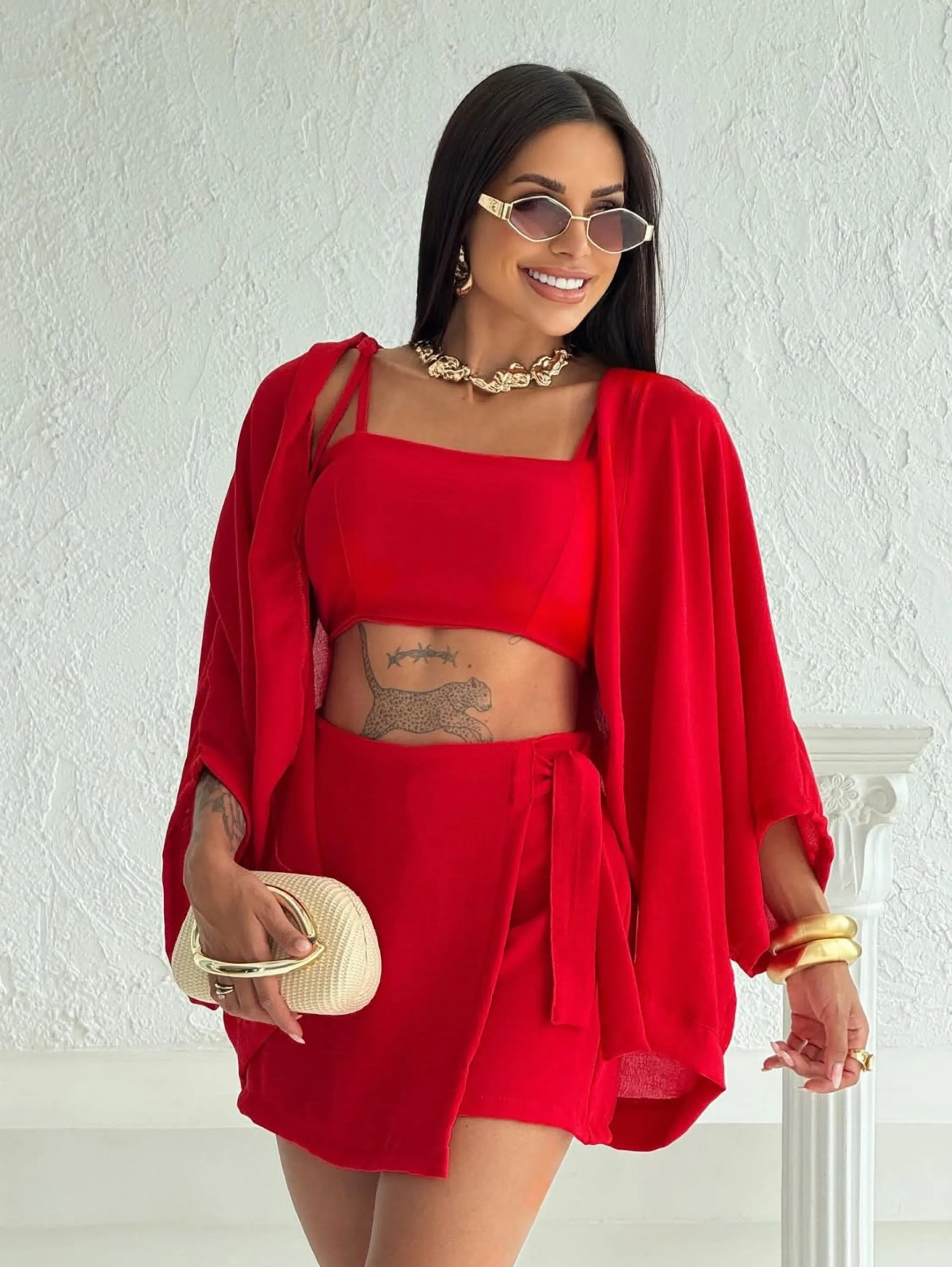 Conjunto 3 peças Kimono, Croped com bojo e Short Saia