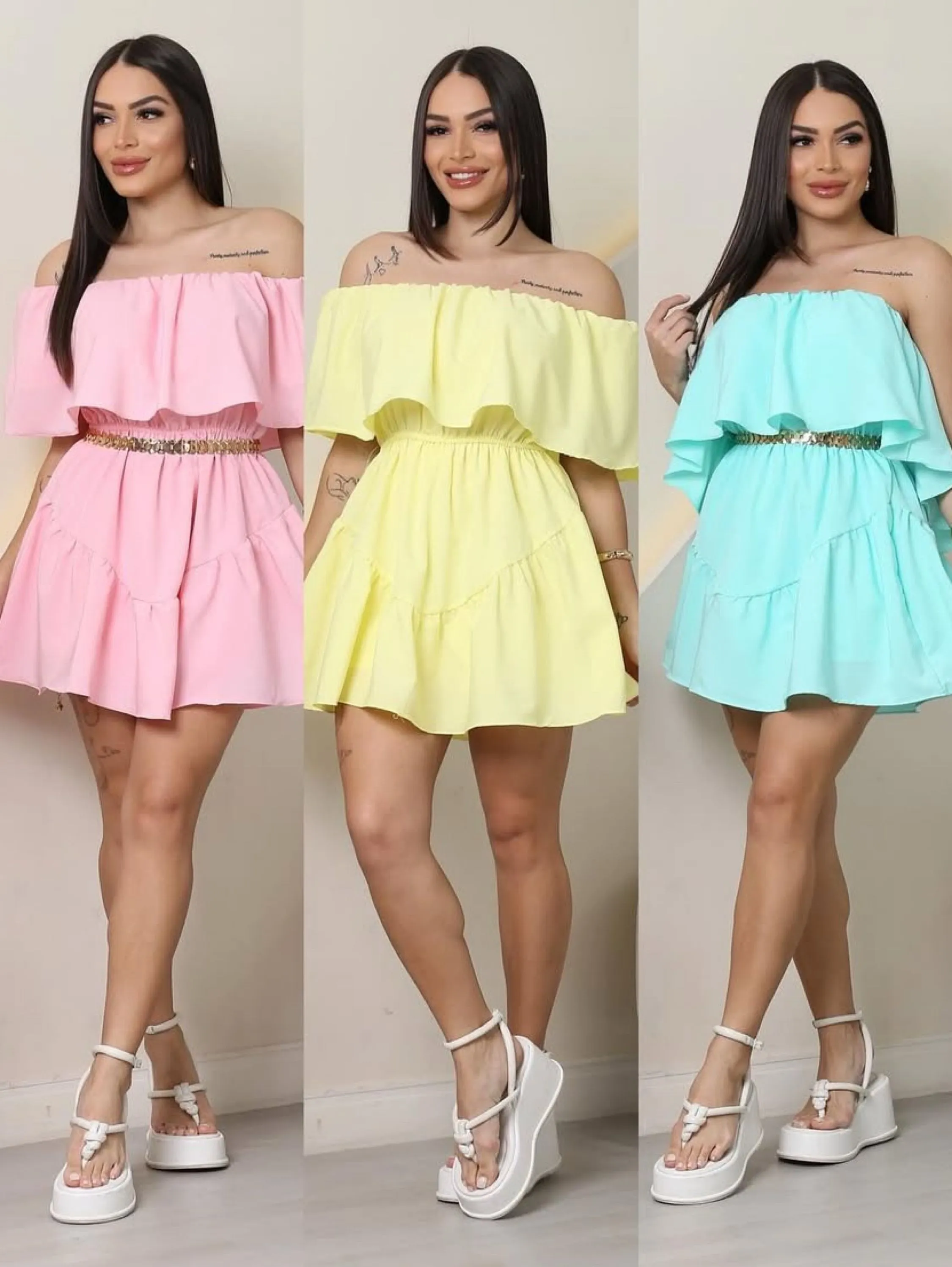 Vestido Ciganinha ombro a ombro collor duna