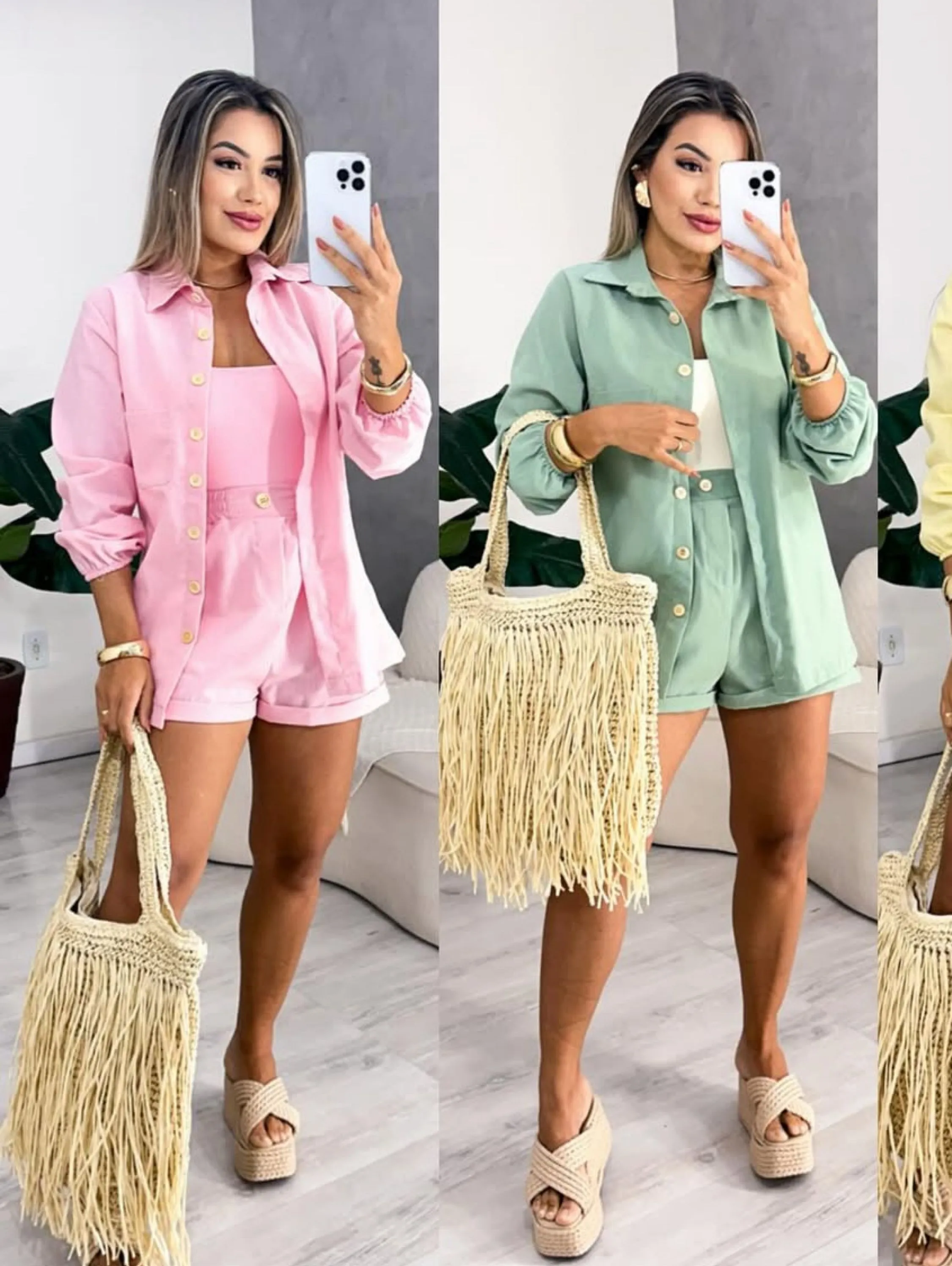 Conjunto Linho Short + camisa manga longa