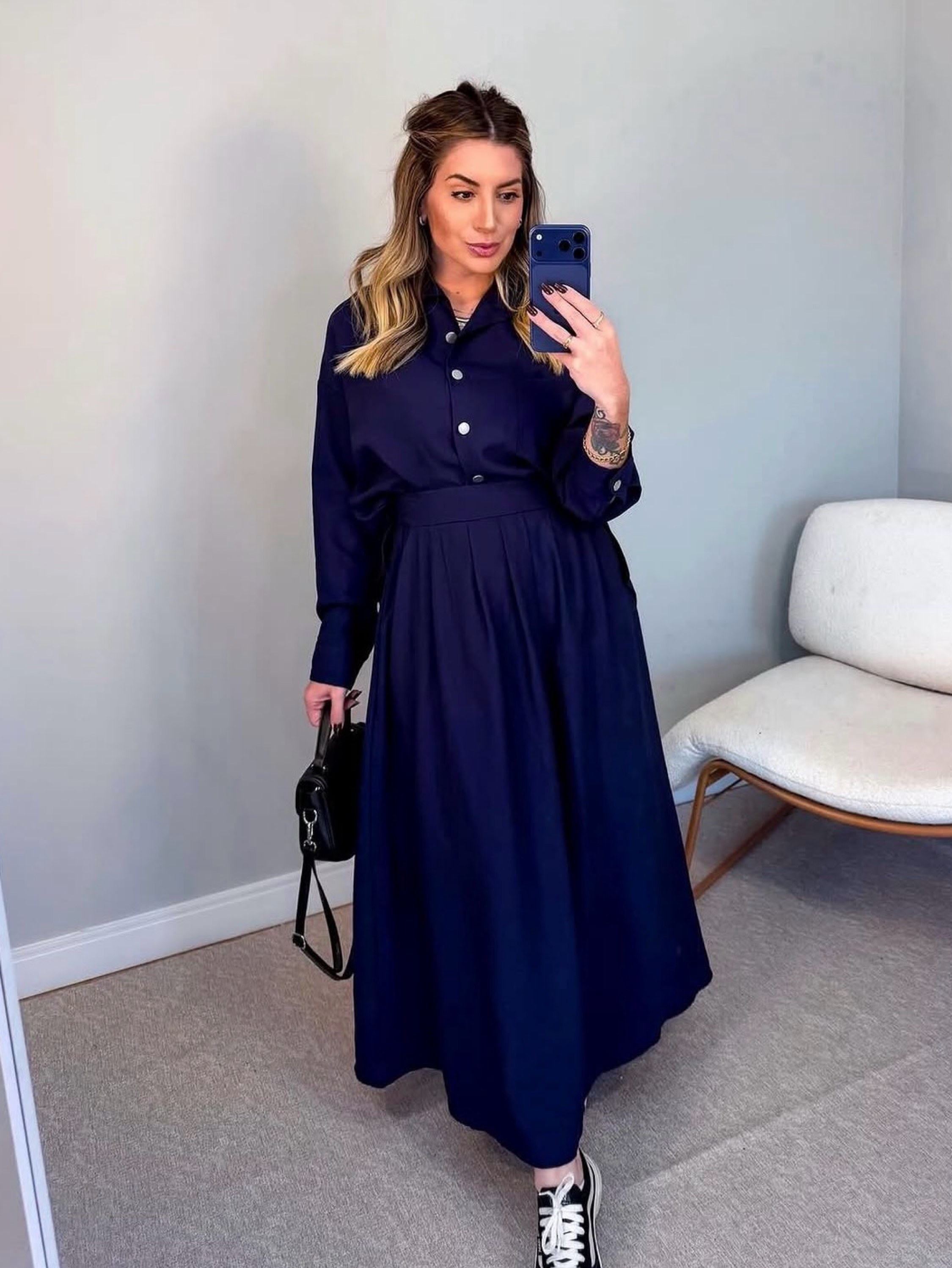 Conjunto Saia Longa + Camisa de botões
