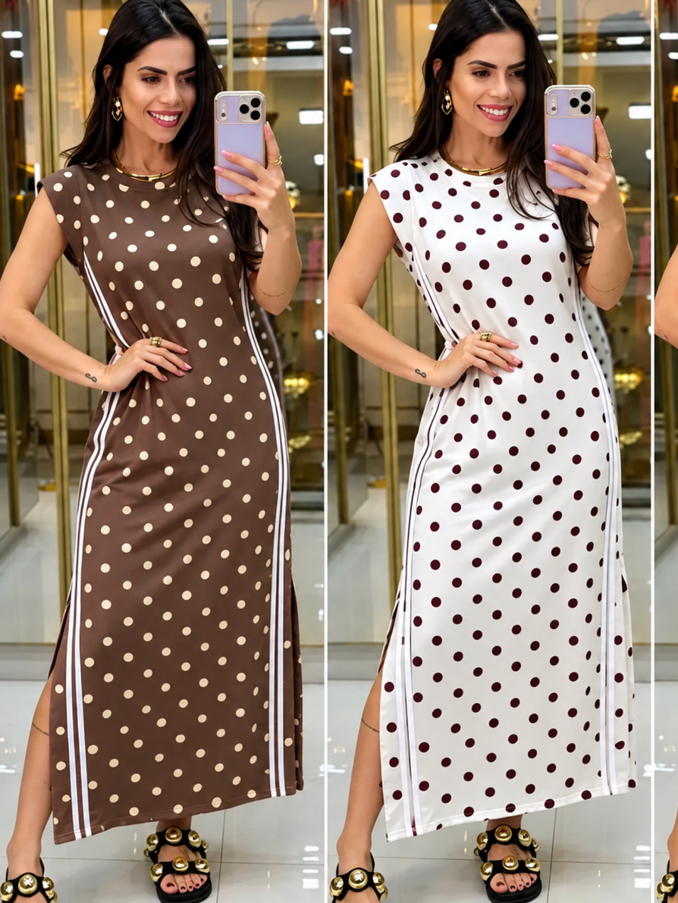 Vestido Midi Moletinho Poá com listra lateral