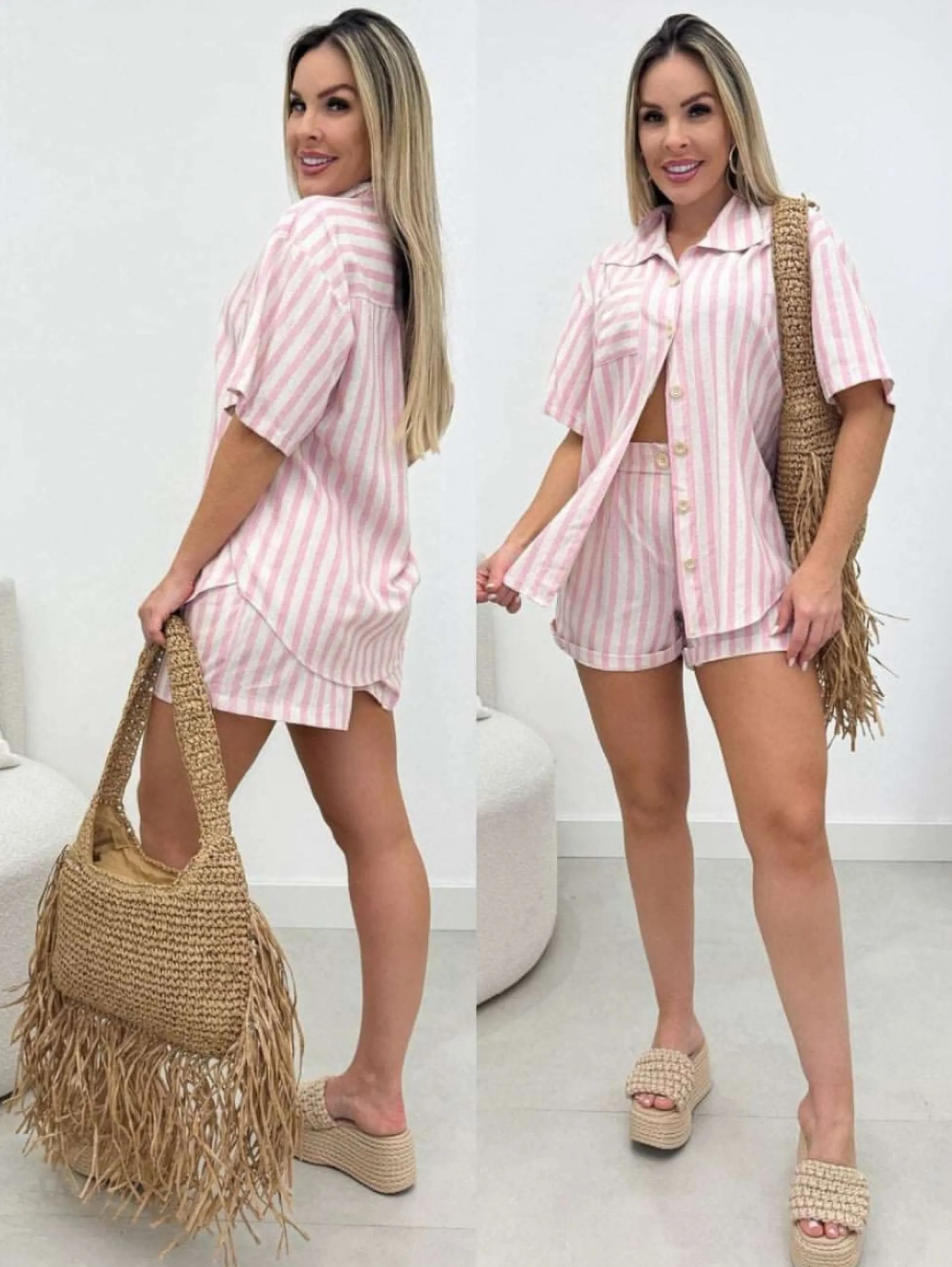 Conjunto Short + Camisa Listrado Linho