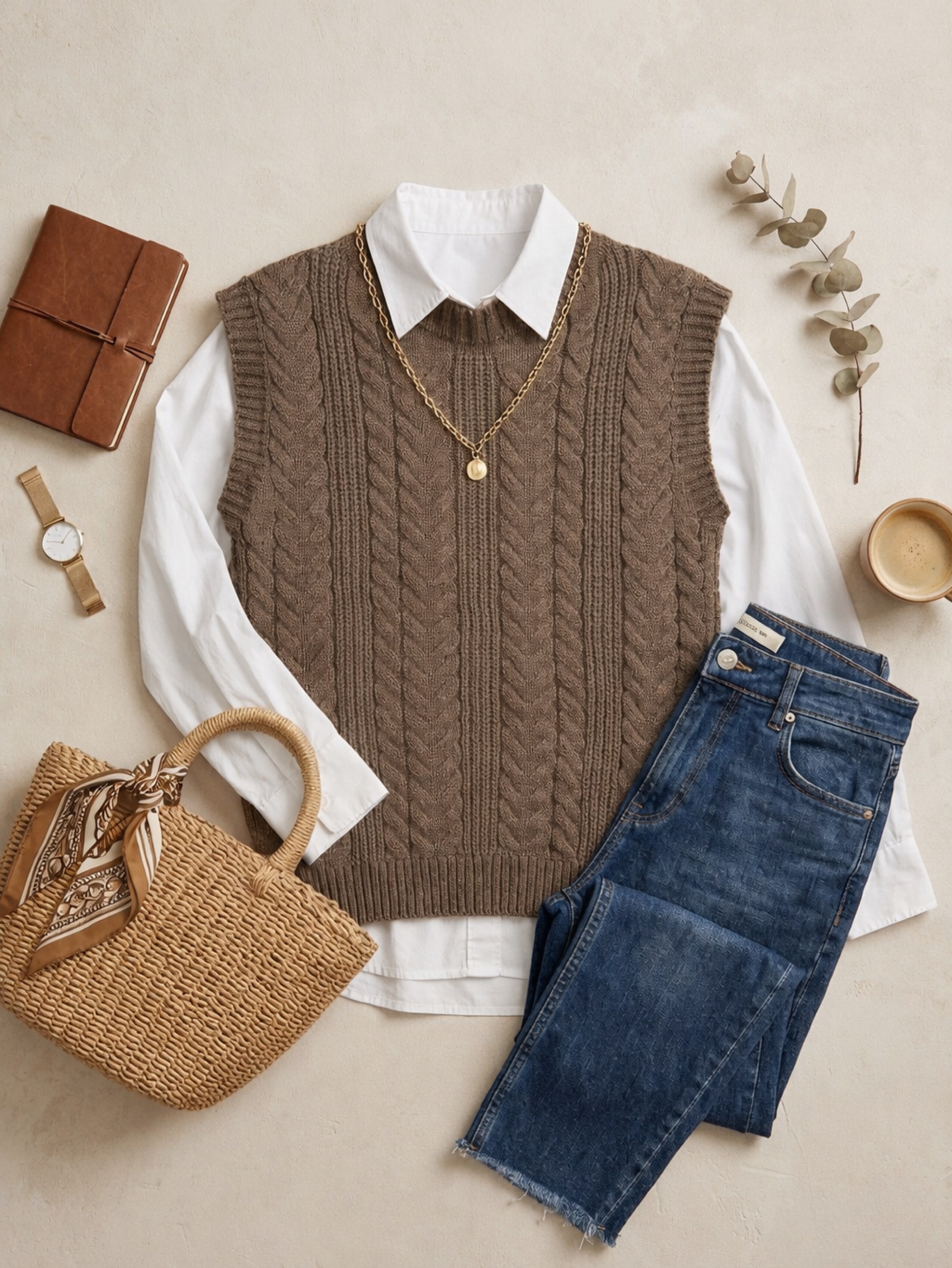 Colete Feminino de Tricô Trançado Vintage