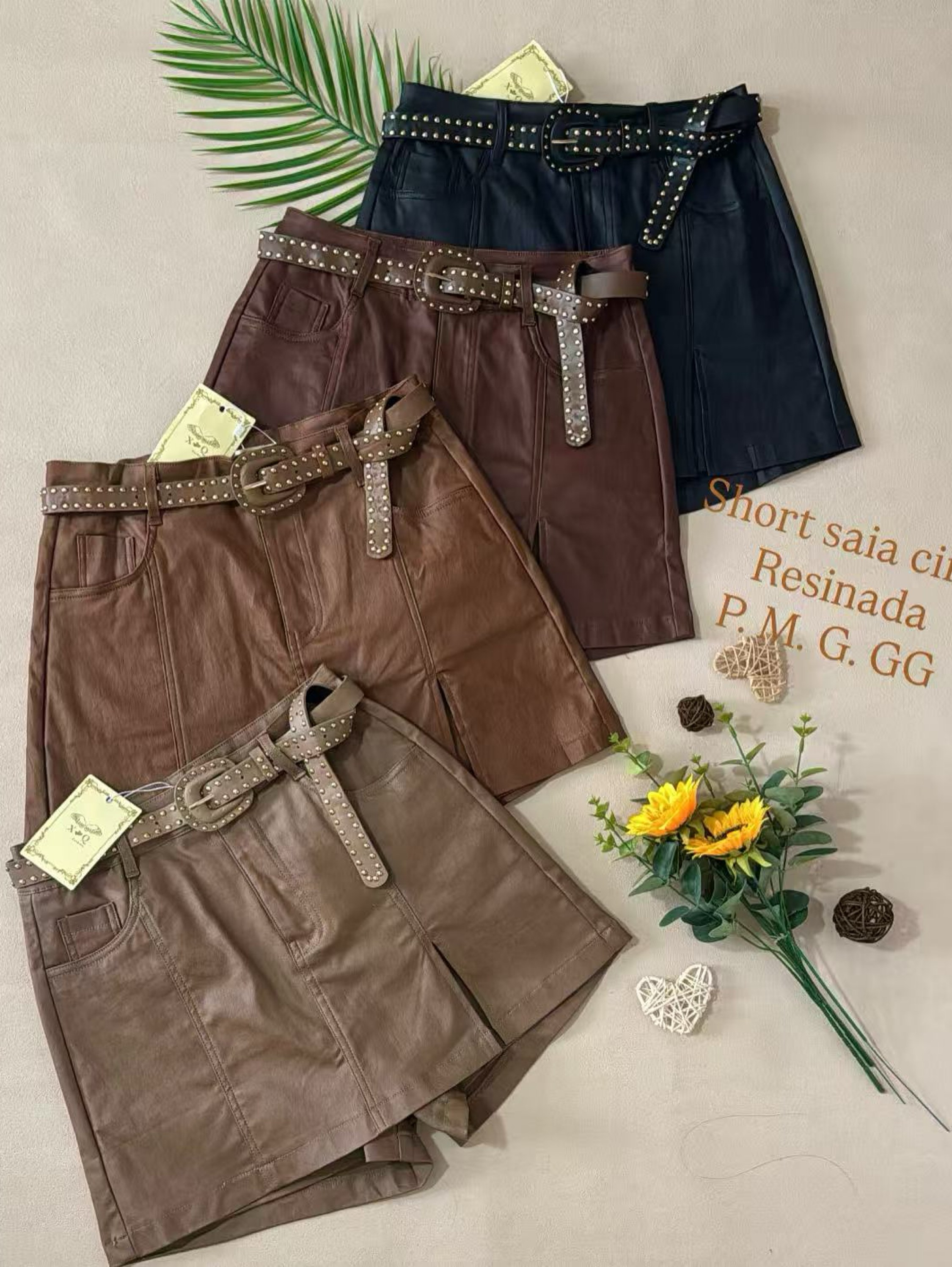 Short-saia resinada importado com cinto