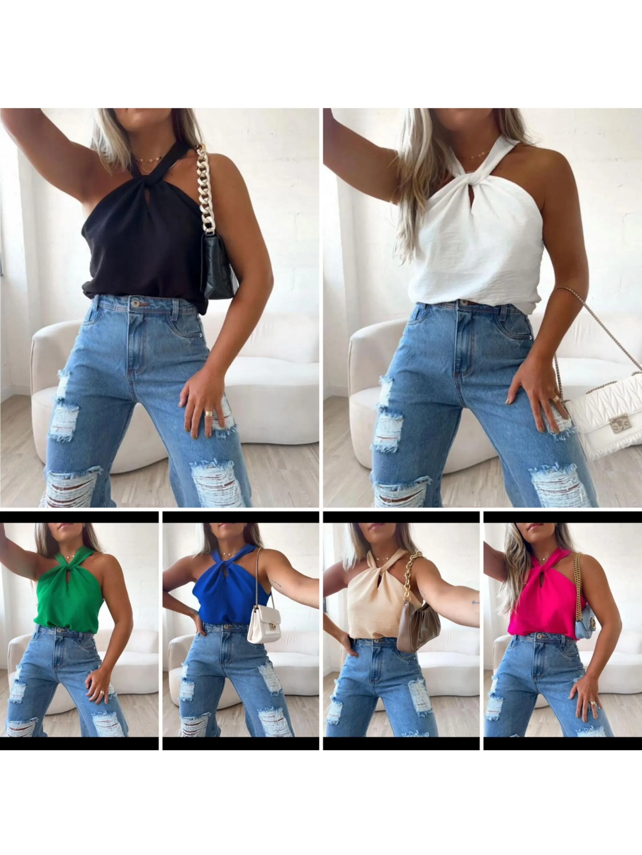 Blusa Feminina Gola Transpassada em Nó Tecido Duna look 2024 fashion moda feminina