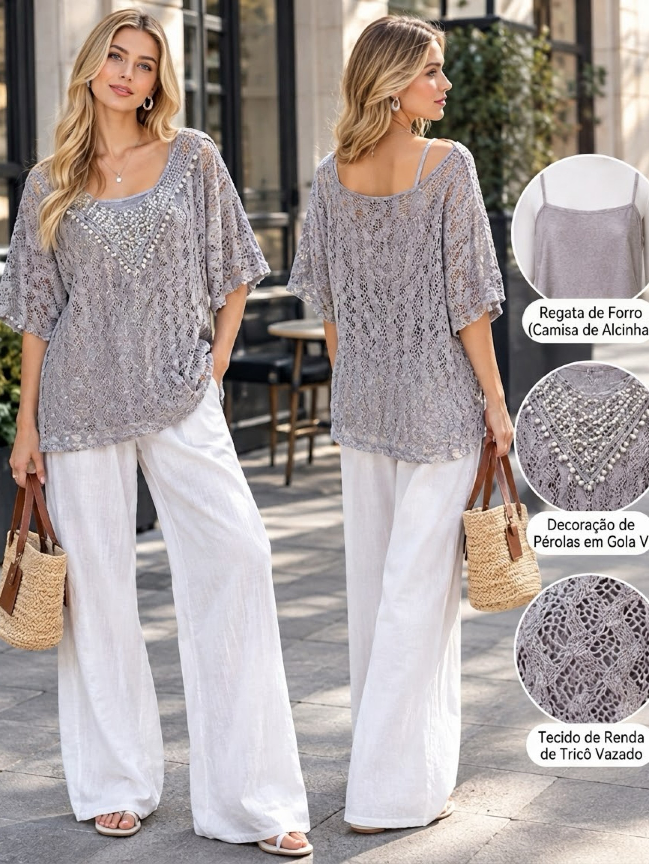 Blusa em Tricô Vazado com Pérolas e Regata de Alça