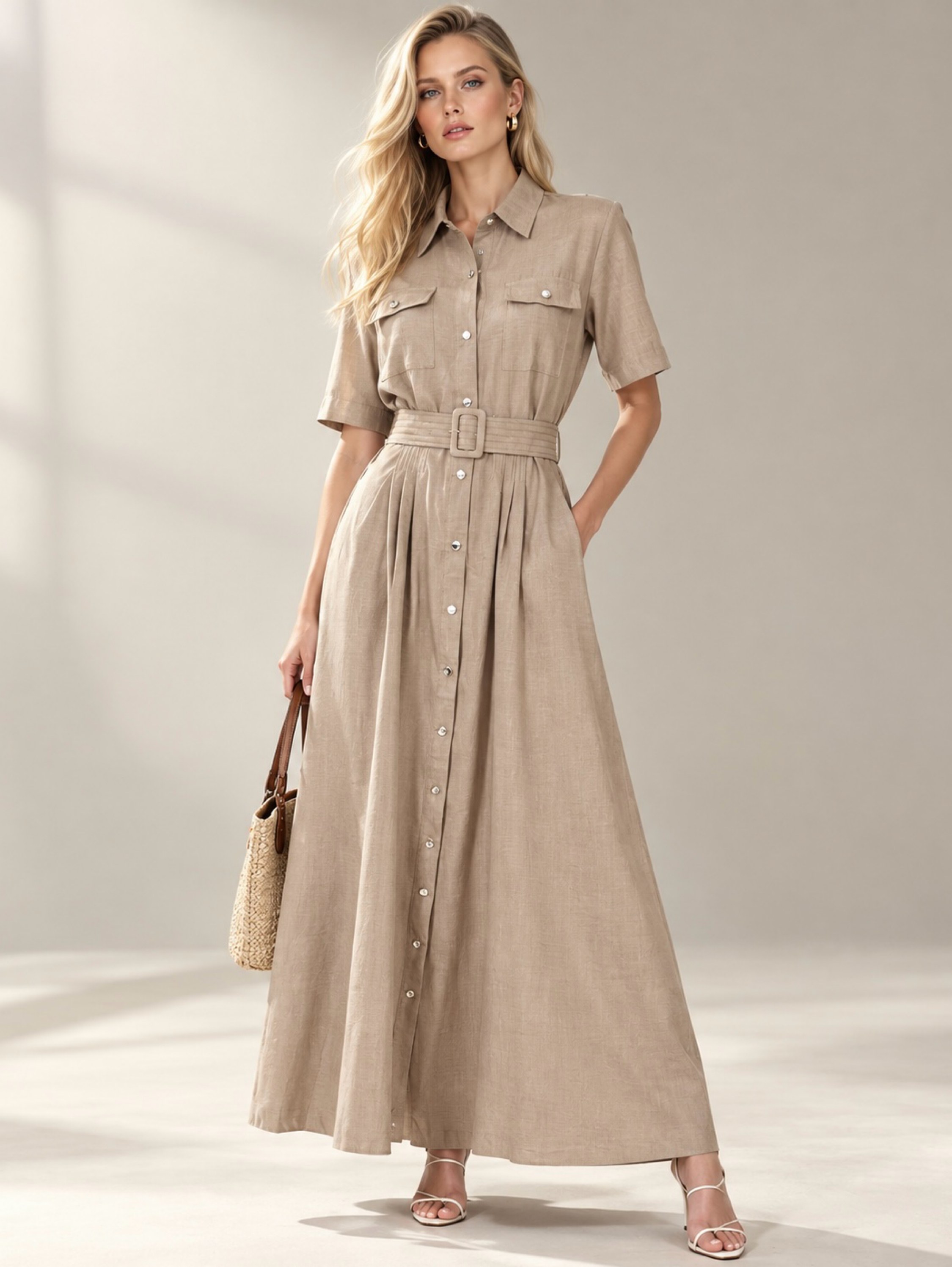 Vestido Longo Feminino com Gola de Camisa e Cinto na Cintura