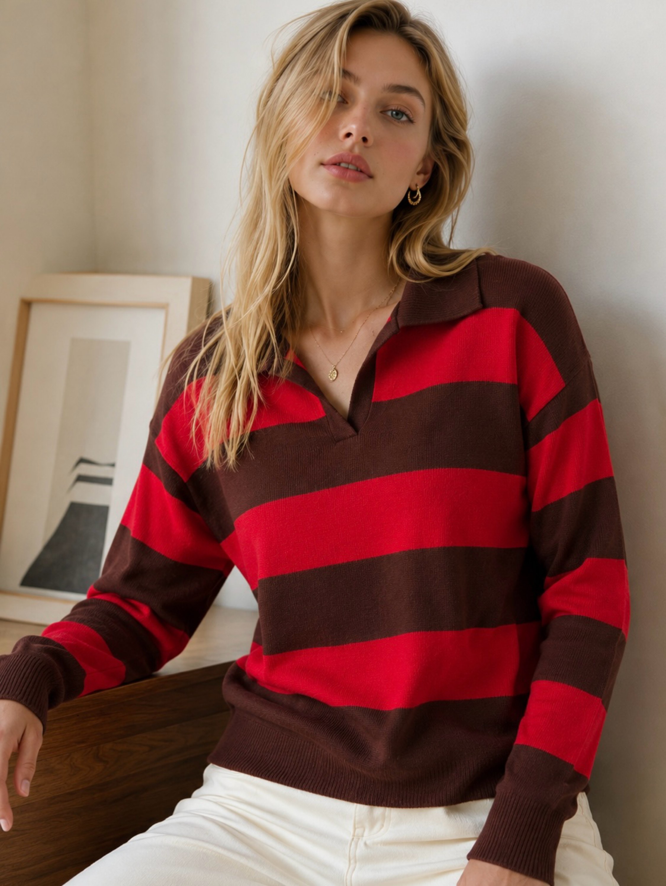 Blusa tricô modal listrado com gola polo