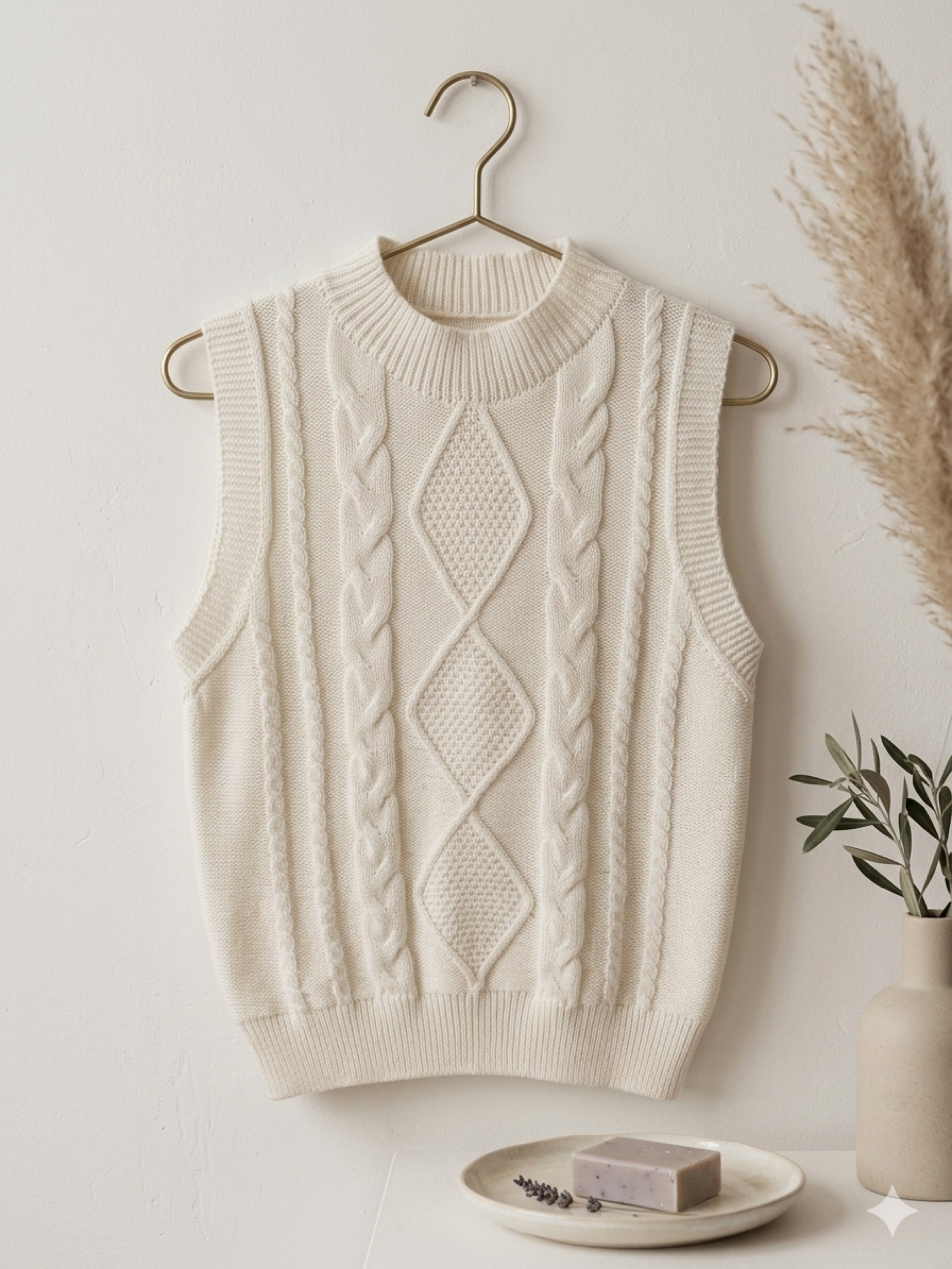 Colete de Tricô Feminino com Trança e Losangos