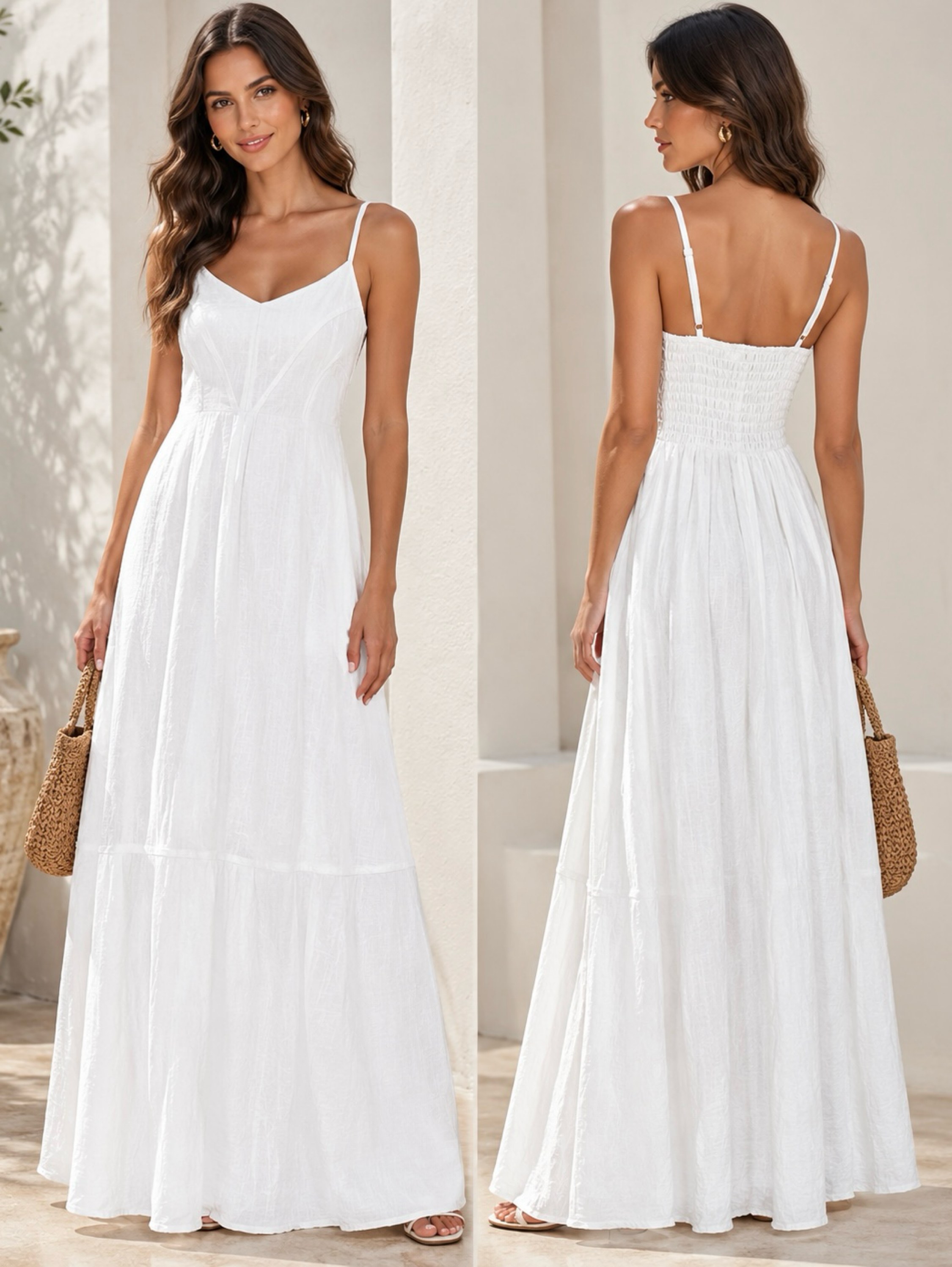 Vestido Longo forrado Alças Finas com Cintura Ajustada