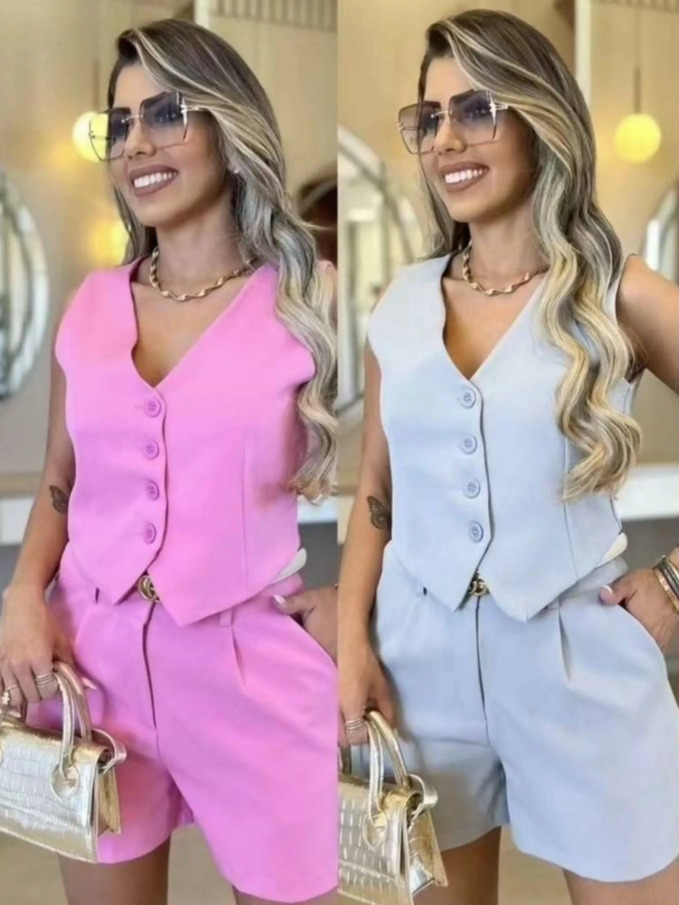 Conjunto com colete tecido alfaiataria look verão lançamento fashion moda feminina