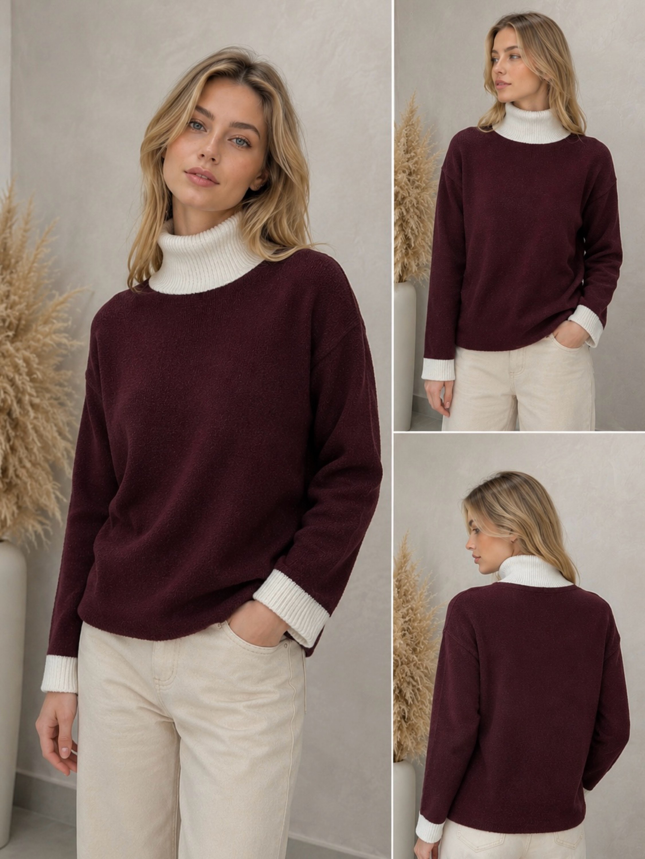 Blusa de Tricô Mousse Gola Alta Bicolor Feminina