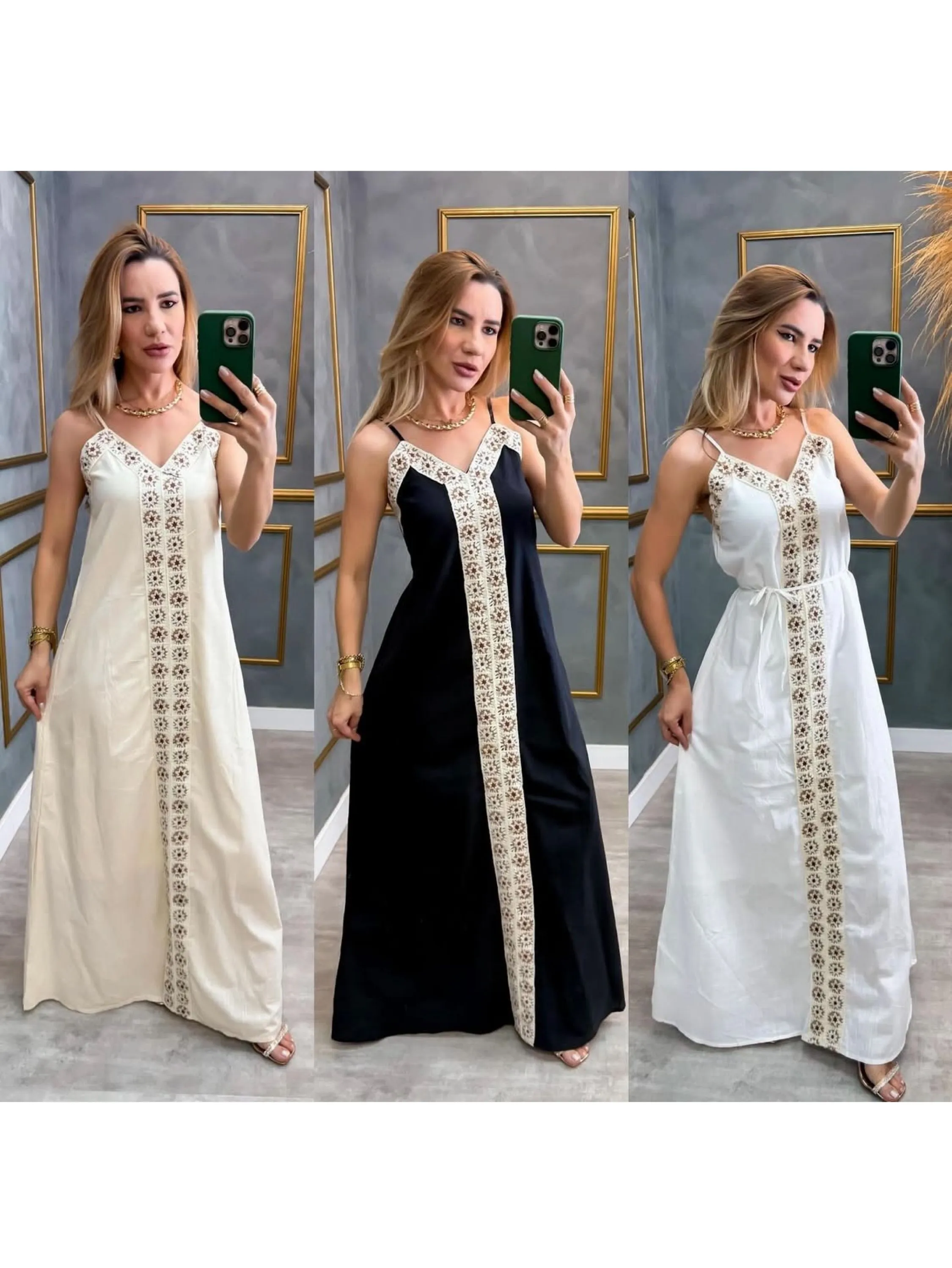 Vestido longo com detalhes rendados e caimento elegante