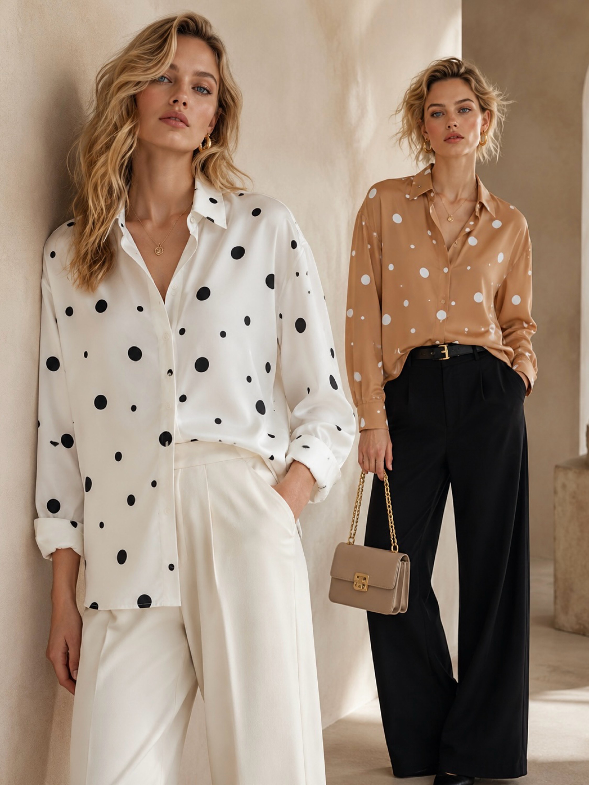 Camisa poá em tecido acetinado moda2027