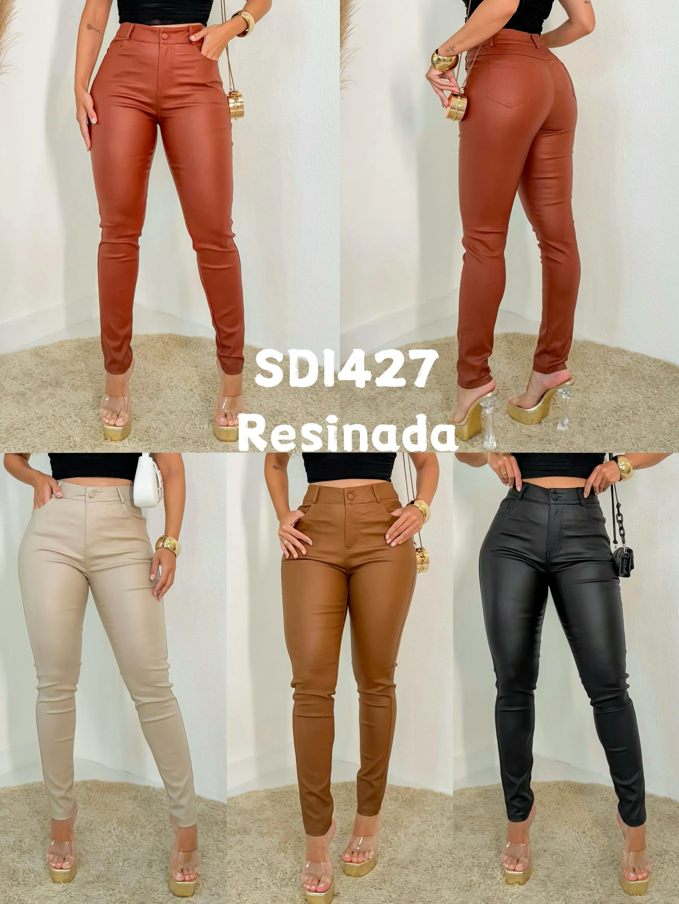 Calça resinada elastano lançamento fashion