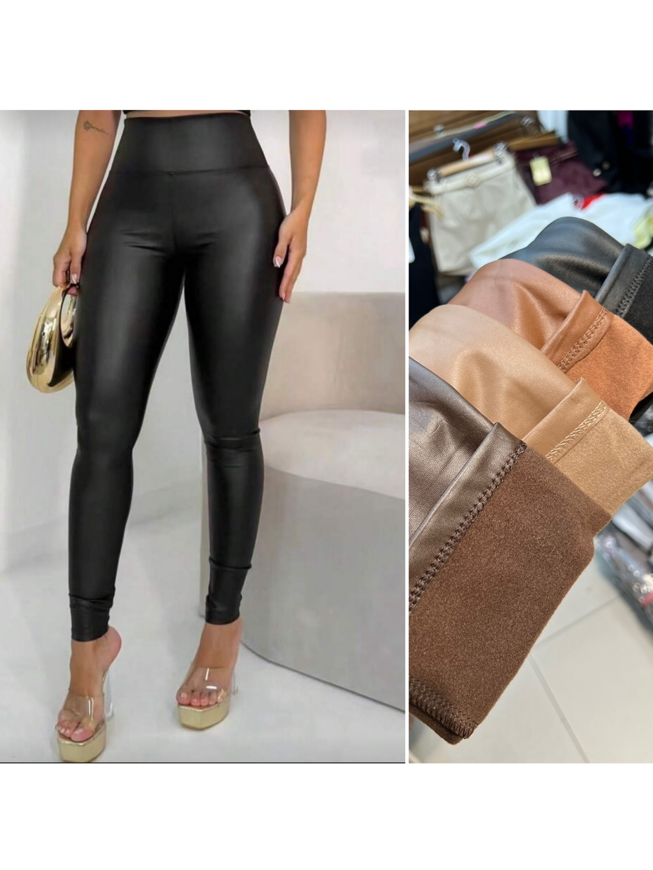 Legging de Couro Fake Flanelado Efeito Modelador