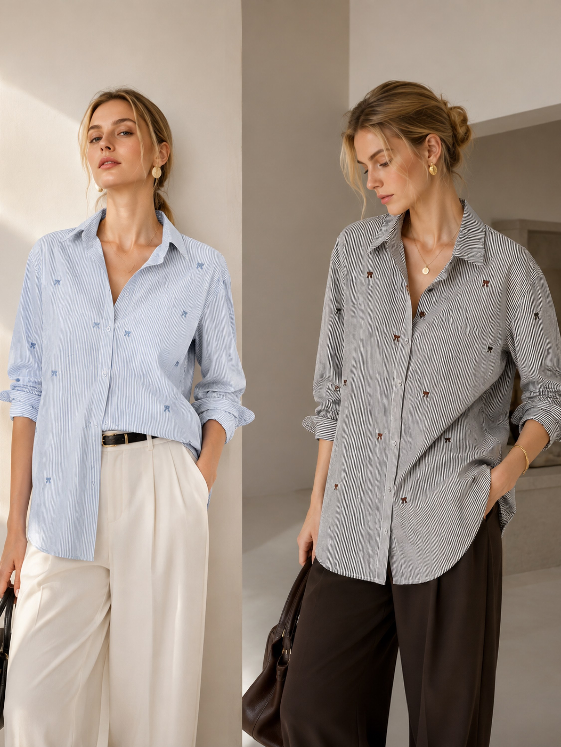 Camisa Feminina em Algodão com Bordado de Laços e Listras