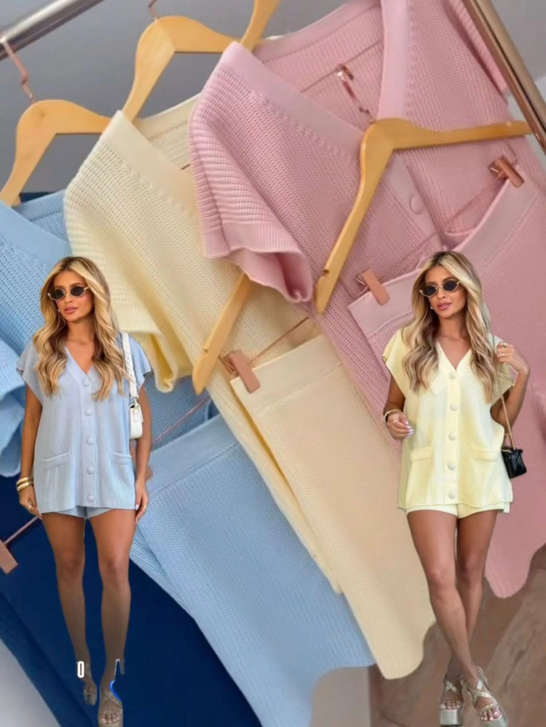 Conjunto tricô colete com short forrado look verão