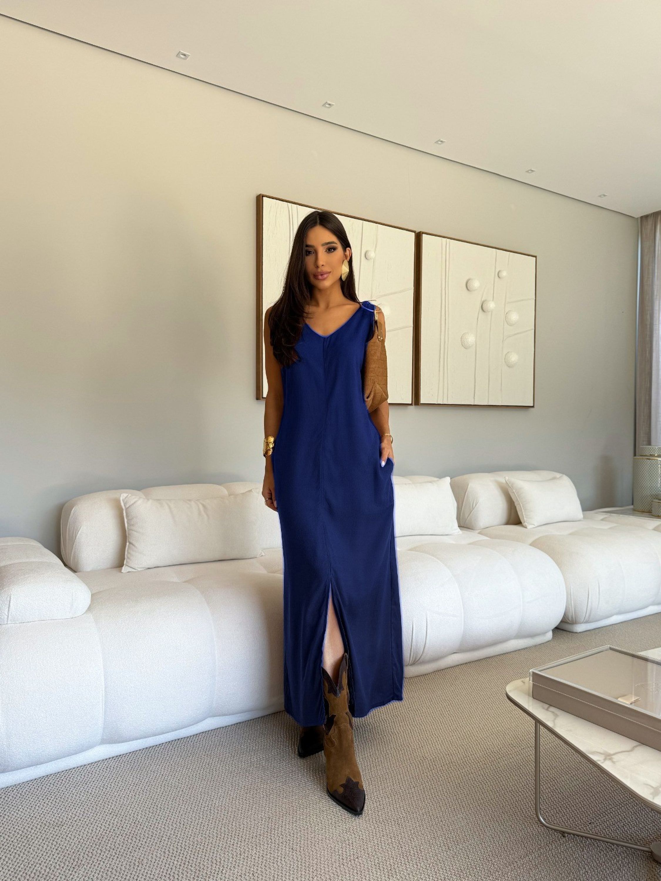 Vestido Longo Reto de Linho com Bolso Cod: 243