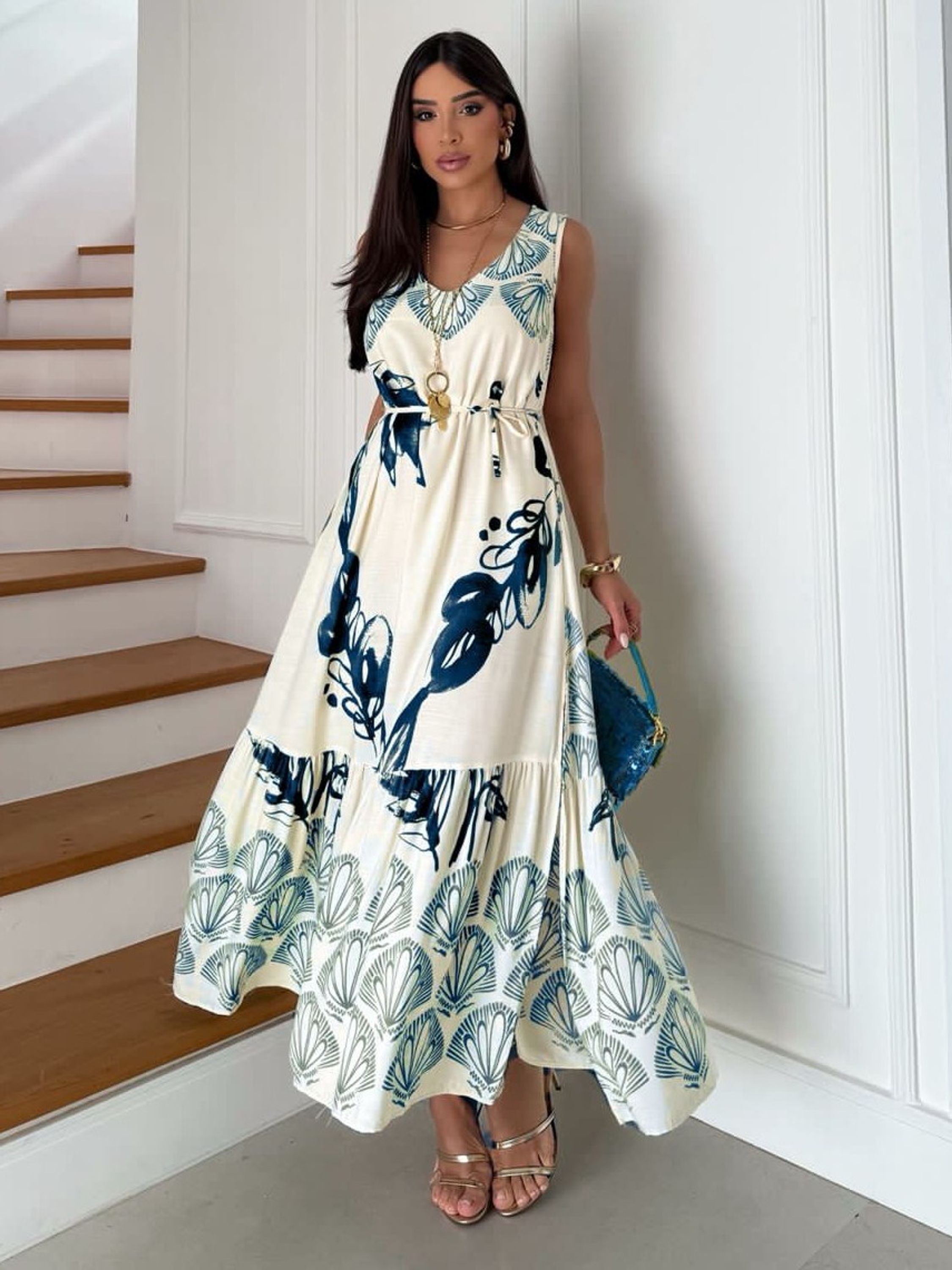 Vestido Feminino Longo Regata Estampa Folha Cod: 212