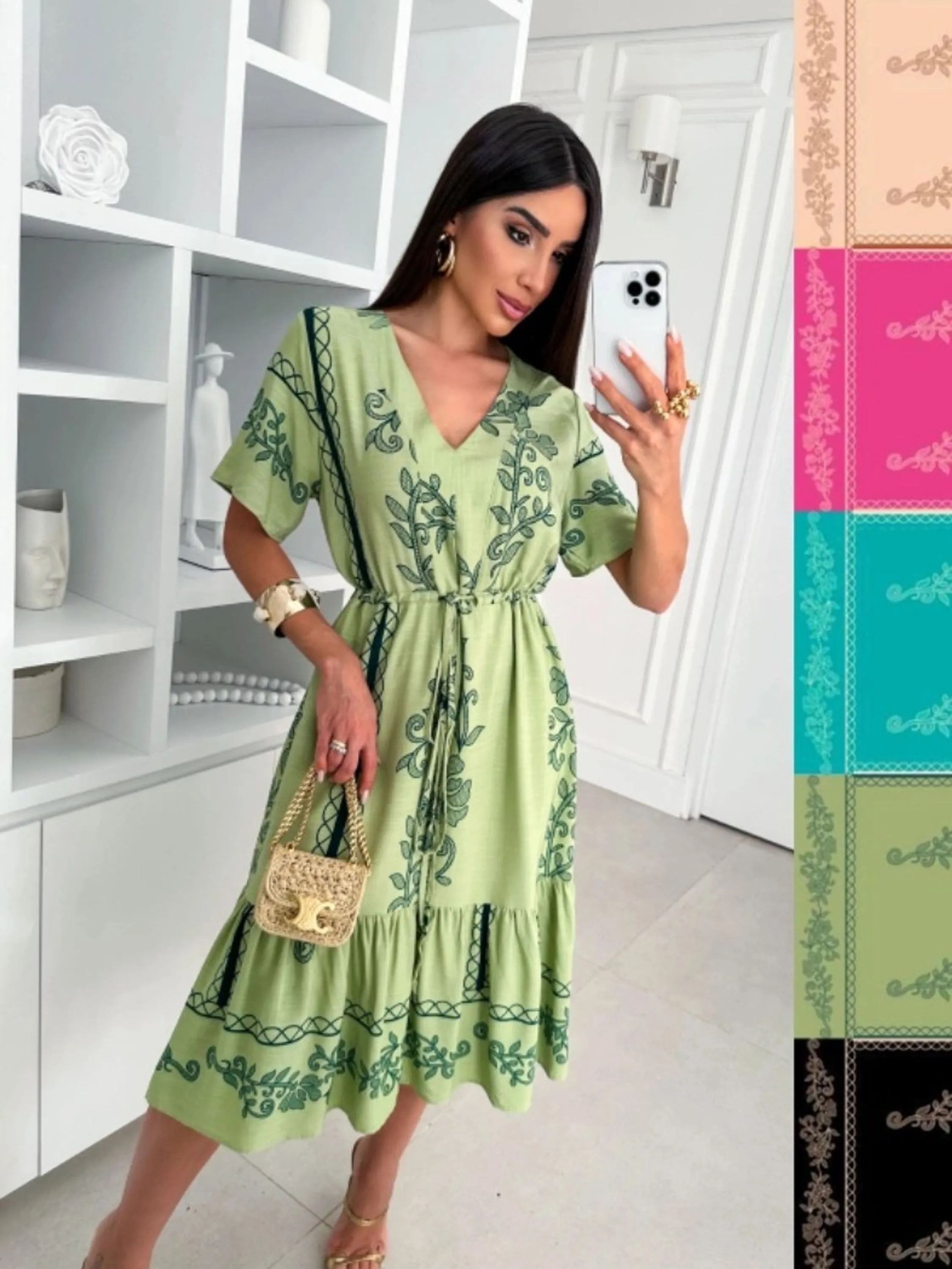 Vestido Feminino Midi Estampado Manga Curta Detalhe Com Cordão - Cod: 215