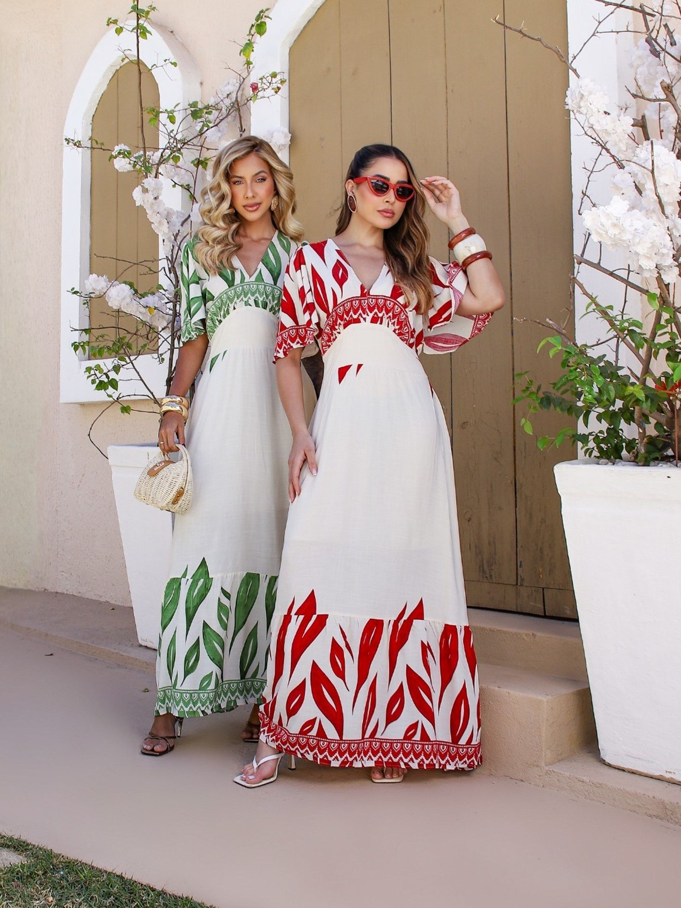 Vestido Longo Estampa Folha Manga Morcego Cod: 027