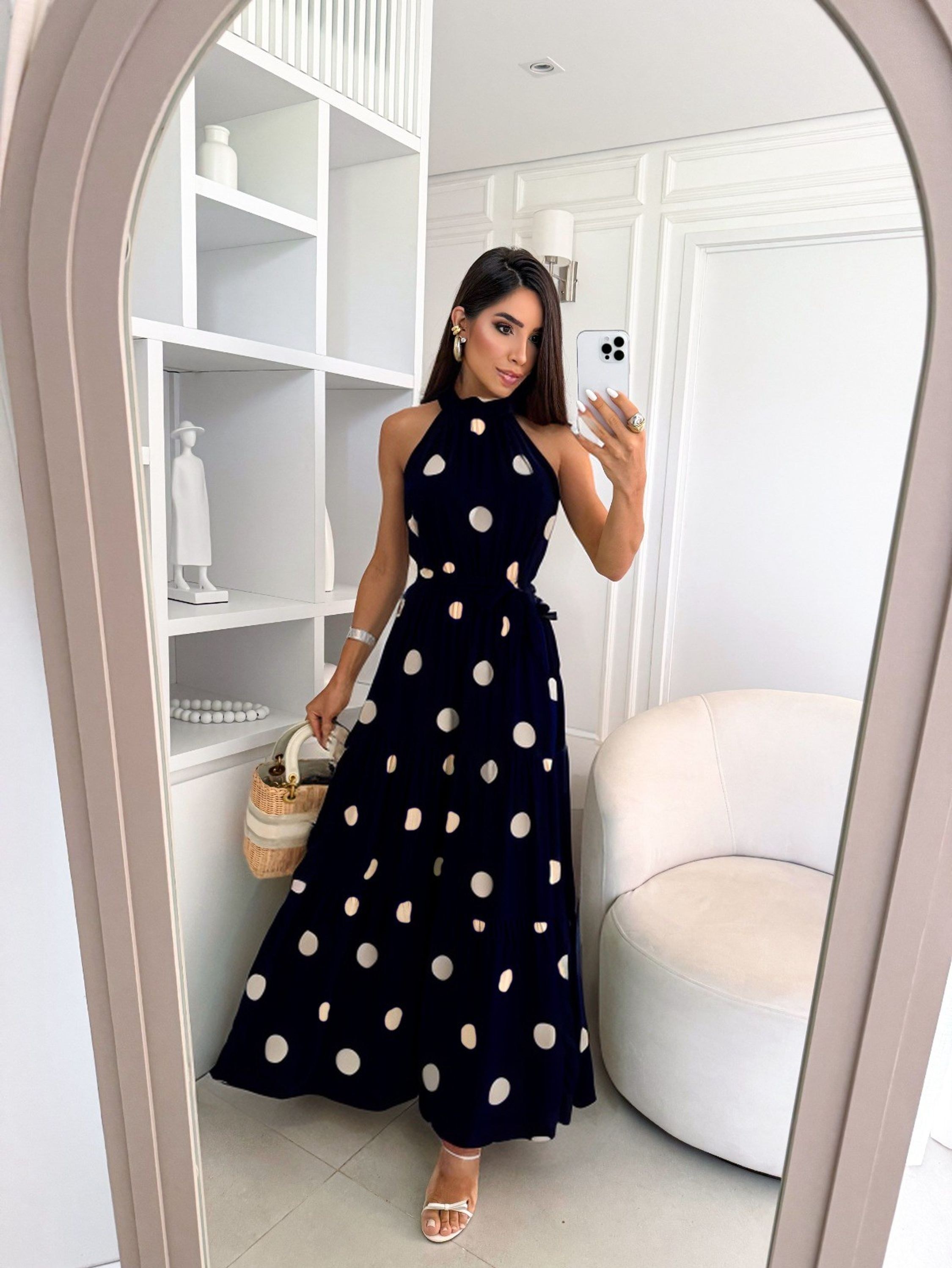 Vestido Gola Alta com Cinto Estampa Bolinha Cod: 041