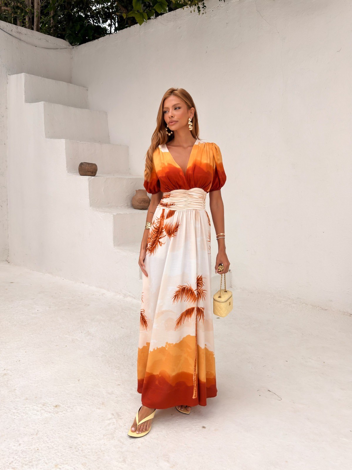 Vestido Longo Manga Curta Estampa Coqueiro 261