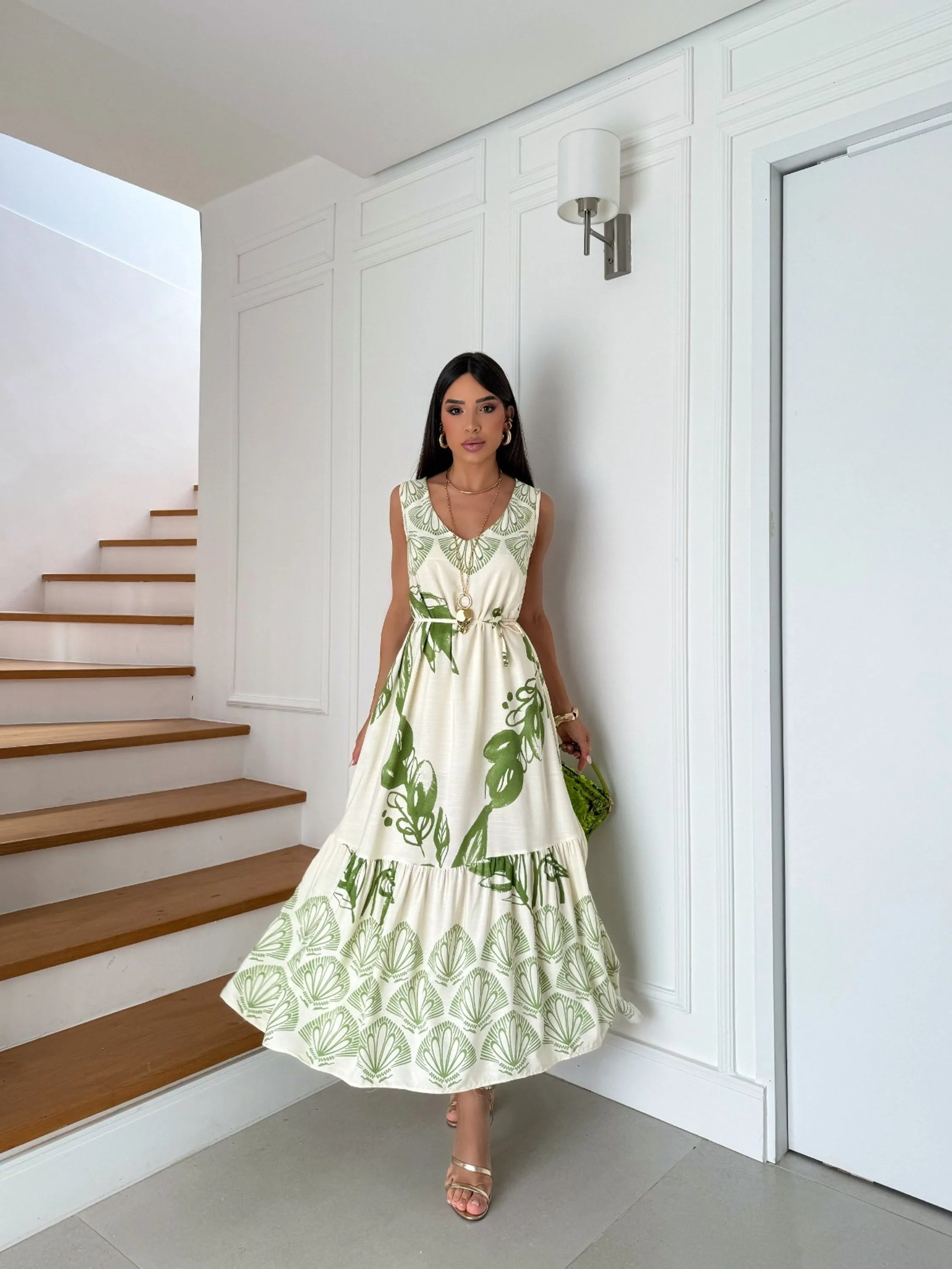 Vestido Feminino Longo Estampa Folhas Cod: 212