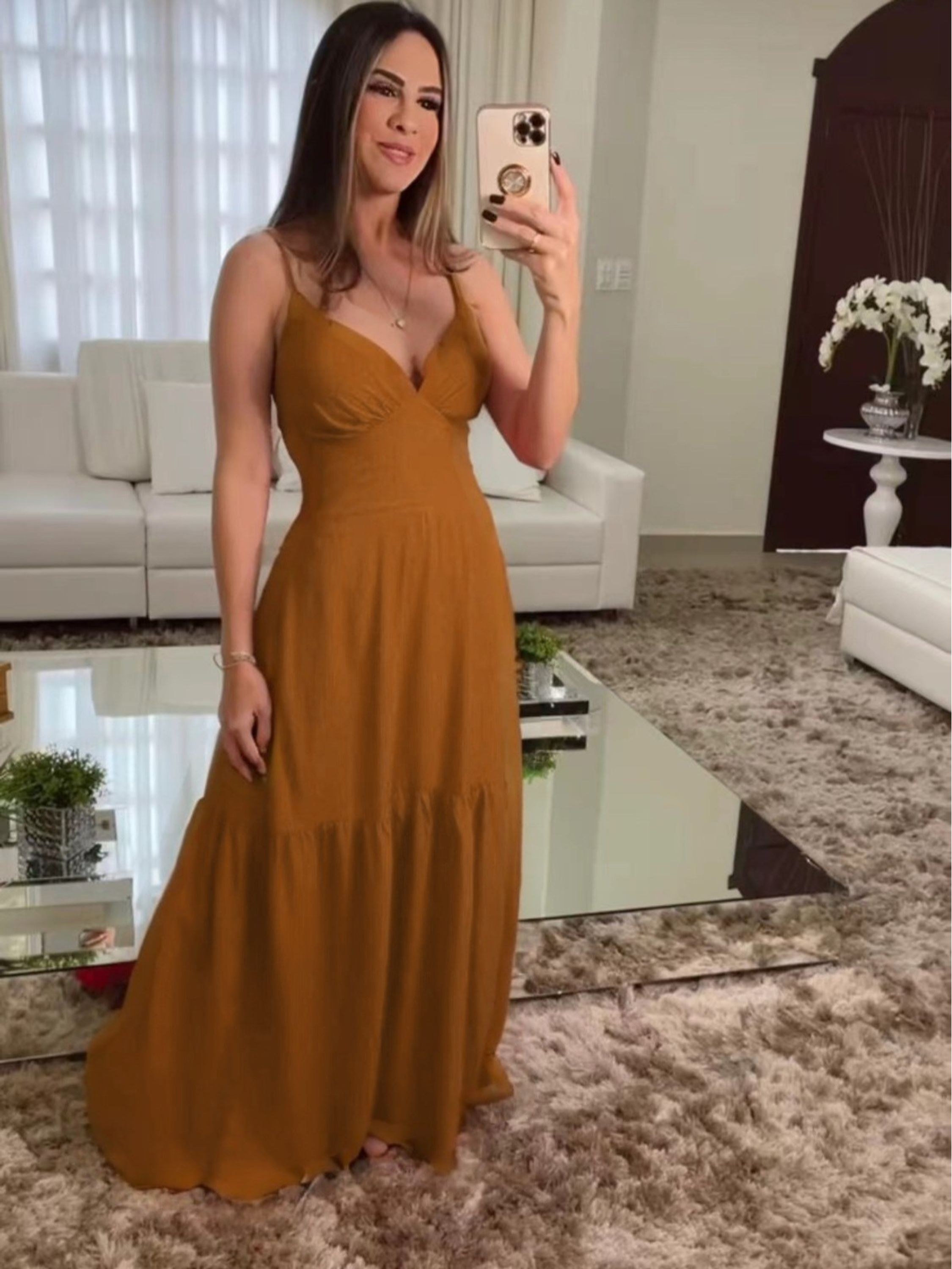 Vestido Feminino Crepe Longo Camadas de Babado Cod: 010