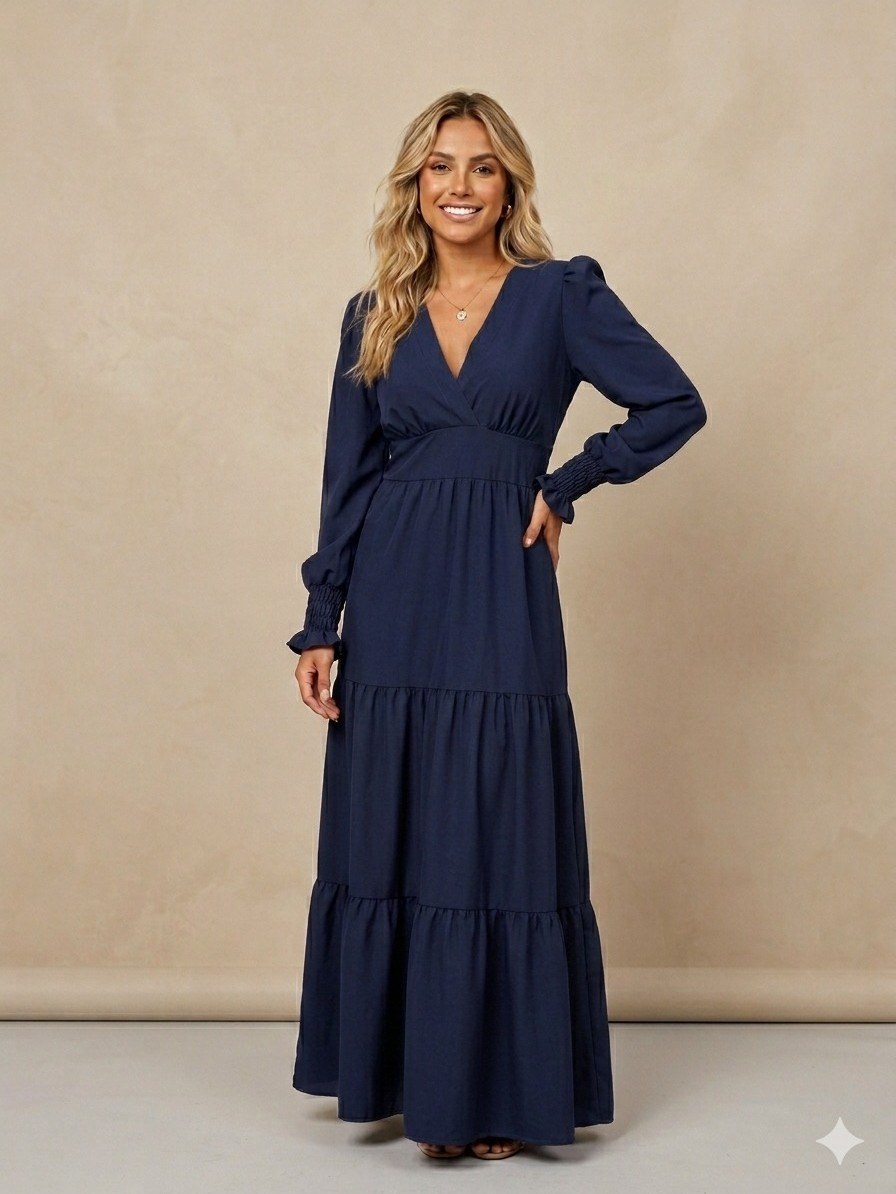 Vestido Crepinho Longo Liso Manga Longa Cod: 02