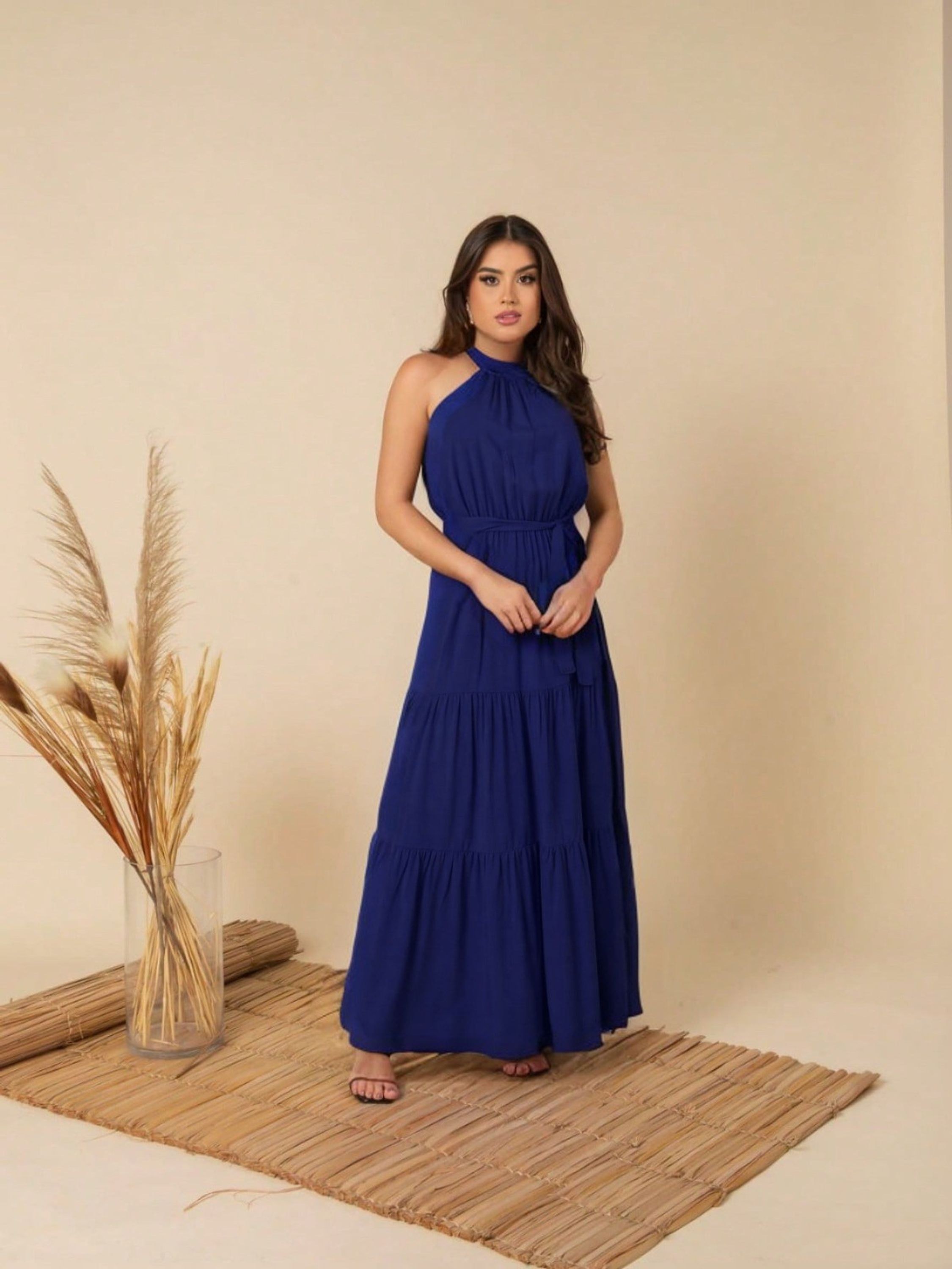 Vestido Longo Gola Alta Babado com Cinto Cod: 041liso