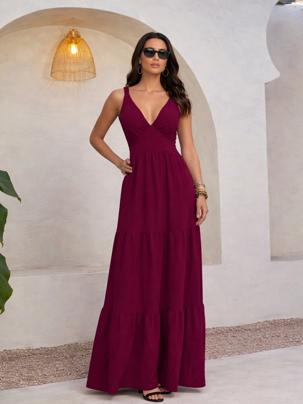 Vestido Longo Decote V com Alça Drapeada Cod: 02