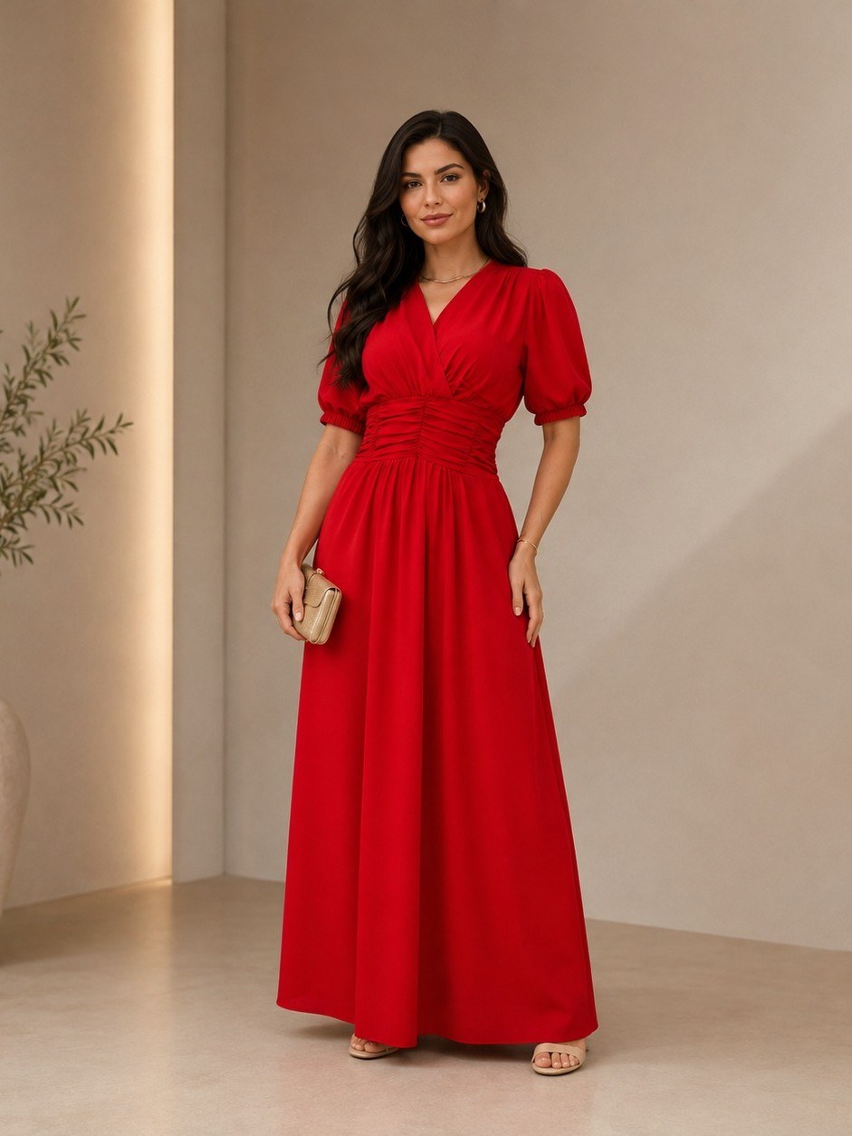 Vestido Longo Liso Drapeado na Cintura Manga Curta