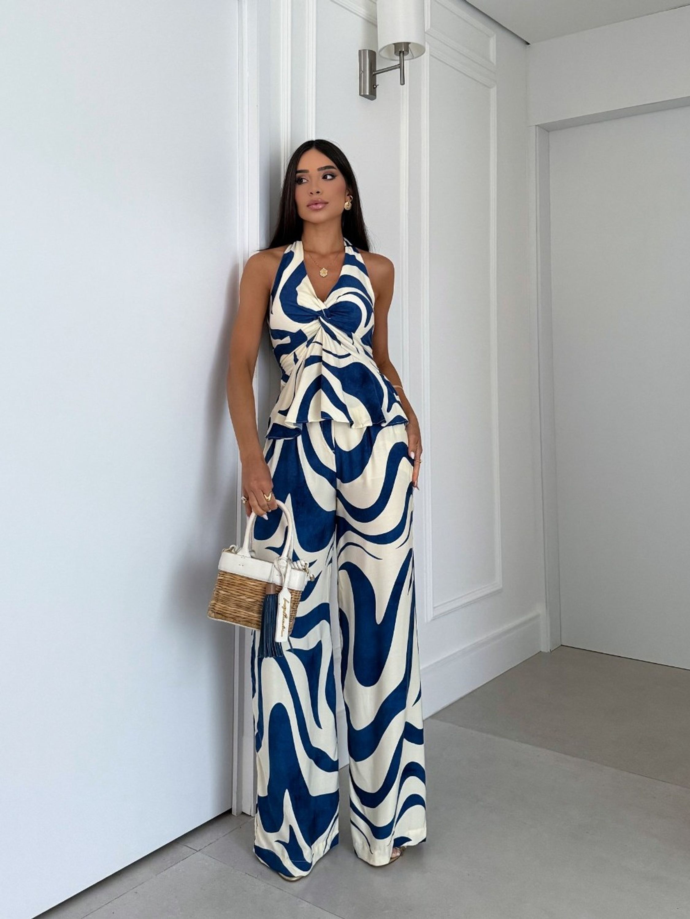 Conjunto Calça Pantalona Blusa Gola de Amarrar Cod: 052/266