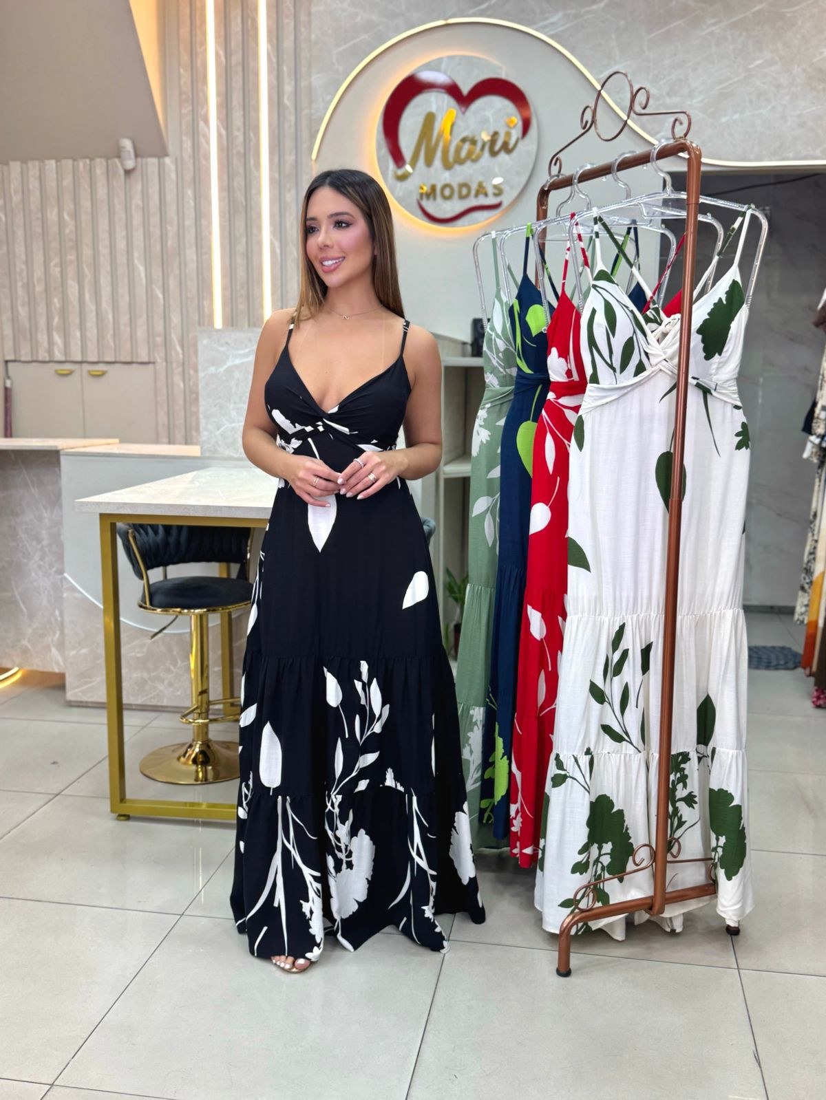 Vestido Feminino Longo Estampa Folha Cod:029