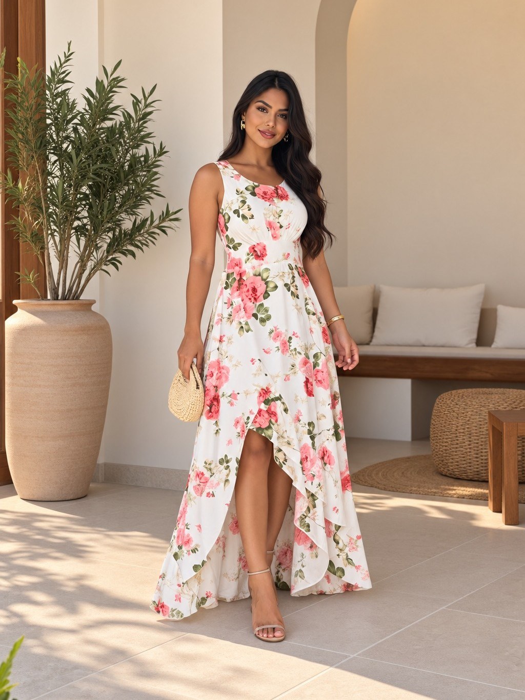Vestido Longo Floral Alça Larga Babado Assimétrico 220