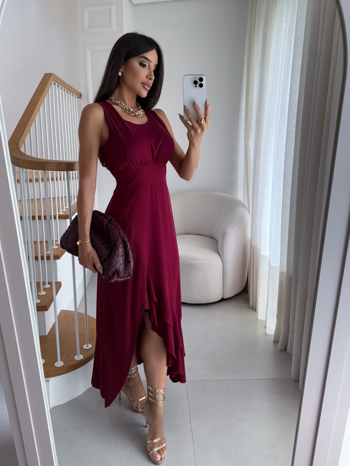 Vestido Longo Alça Larga Babado Assimétrico 220