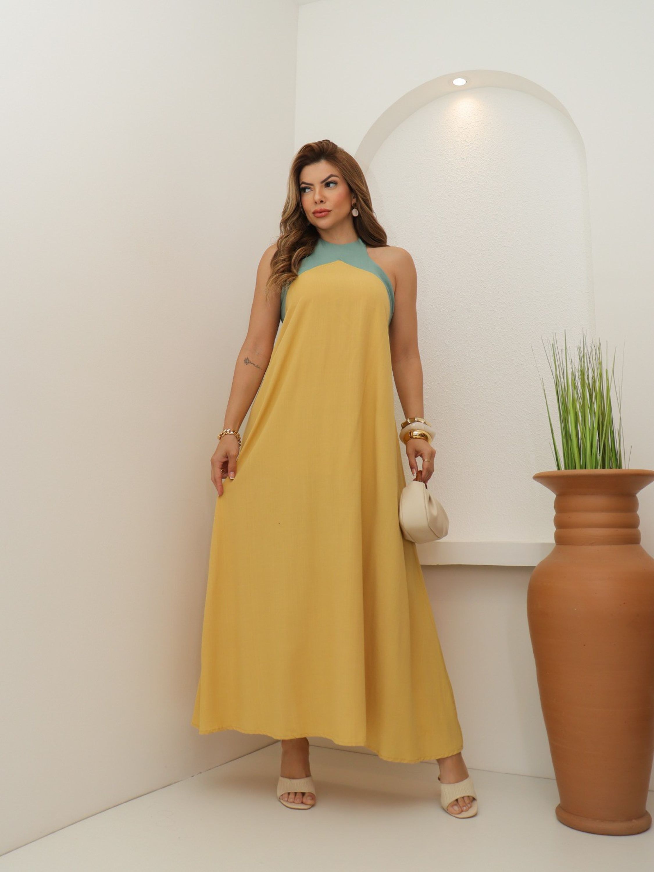 Vestido Longo Gola Alta Fruta Cor Cod: 268