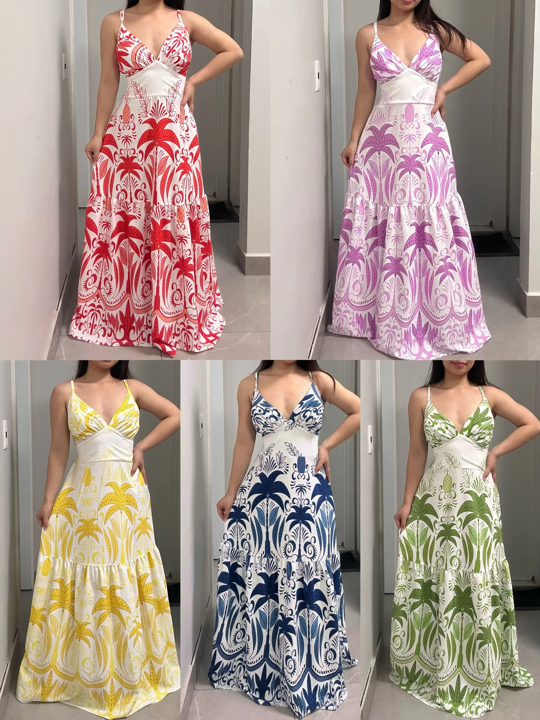 Vestido longo femenino decote v elegante 010 folha