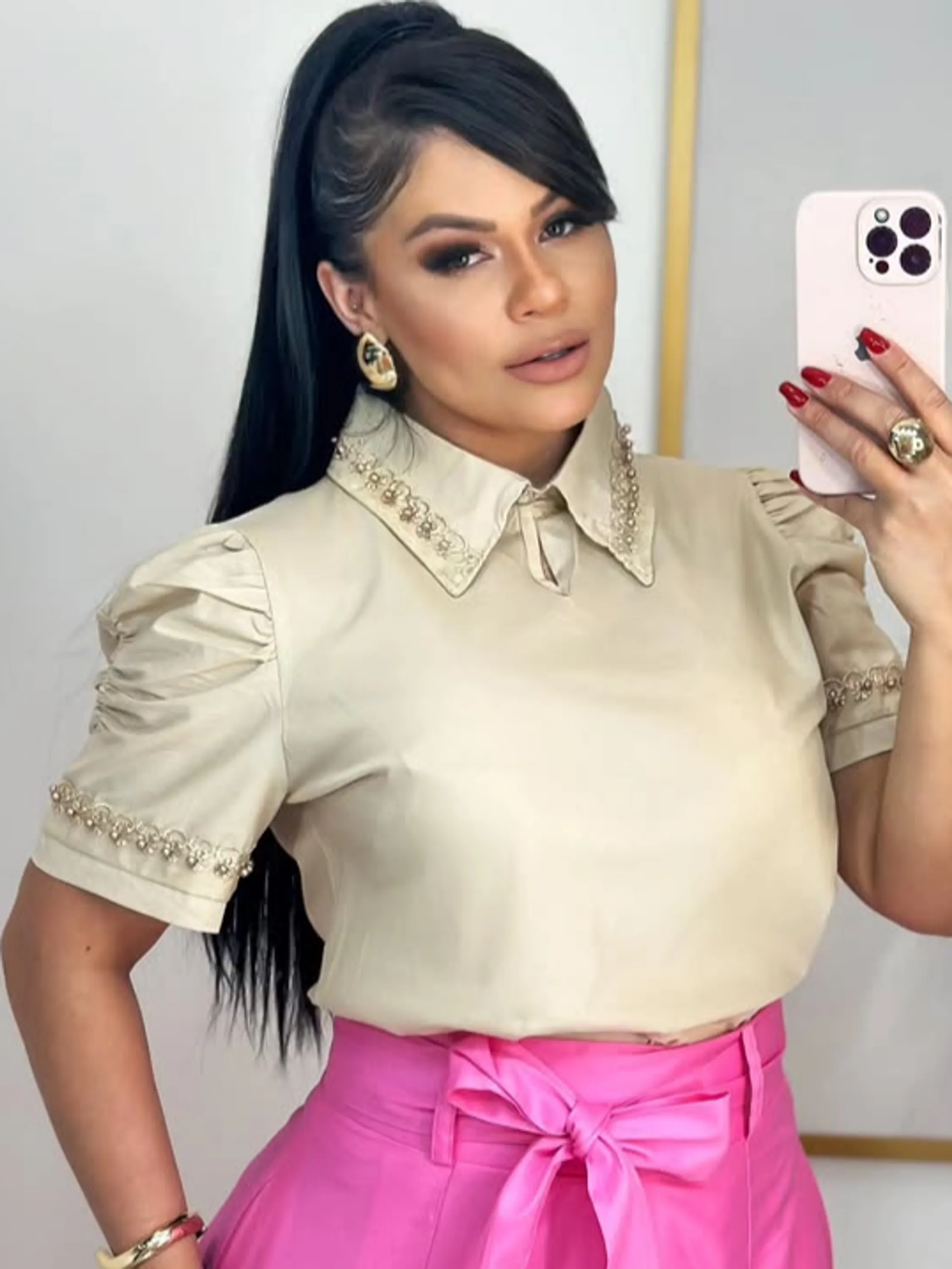 Blusa Feminina 100% Algodão com Bordado de Pérola ⭐