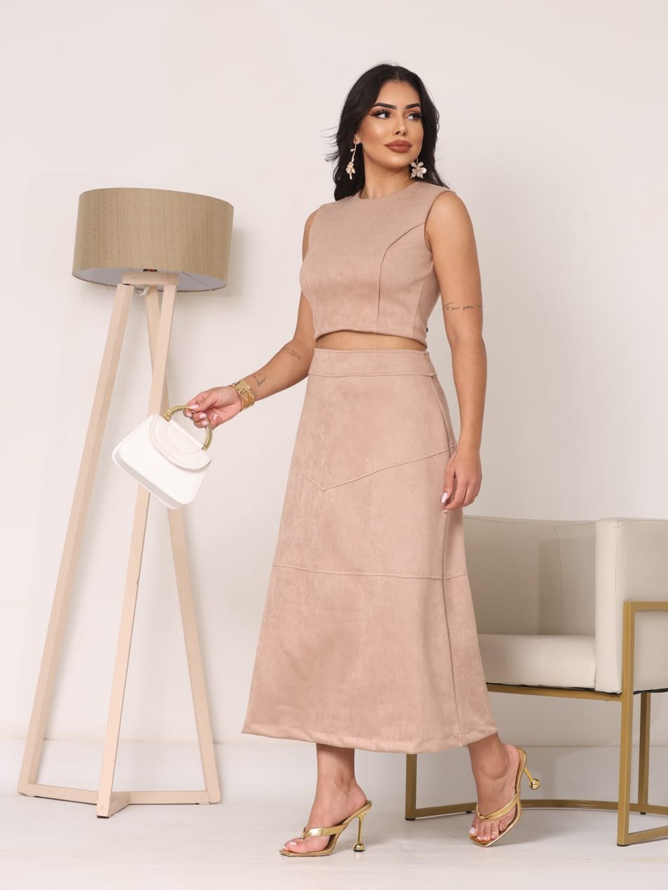Conjunto Saia Elegante Feminino Em Suede