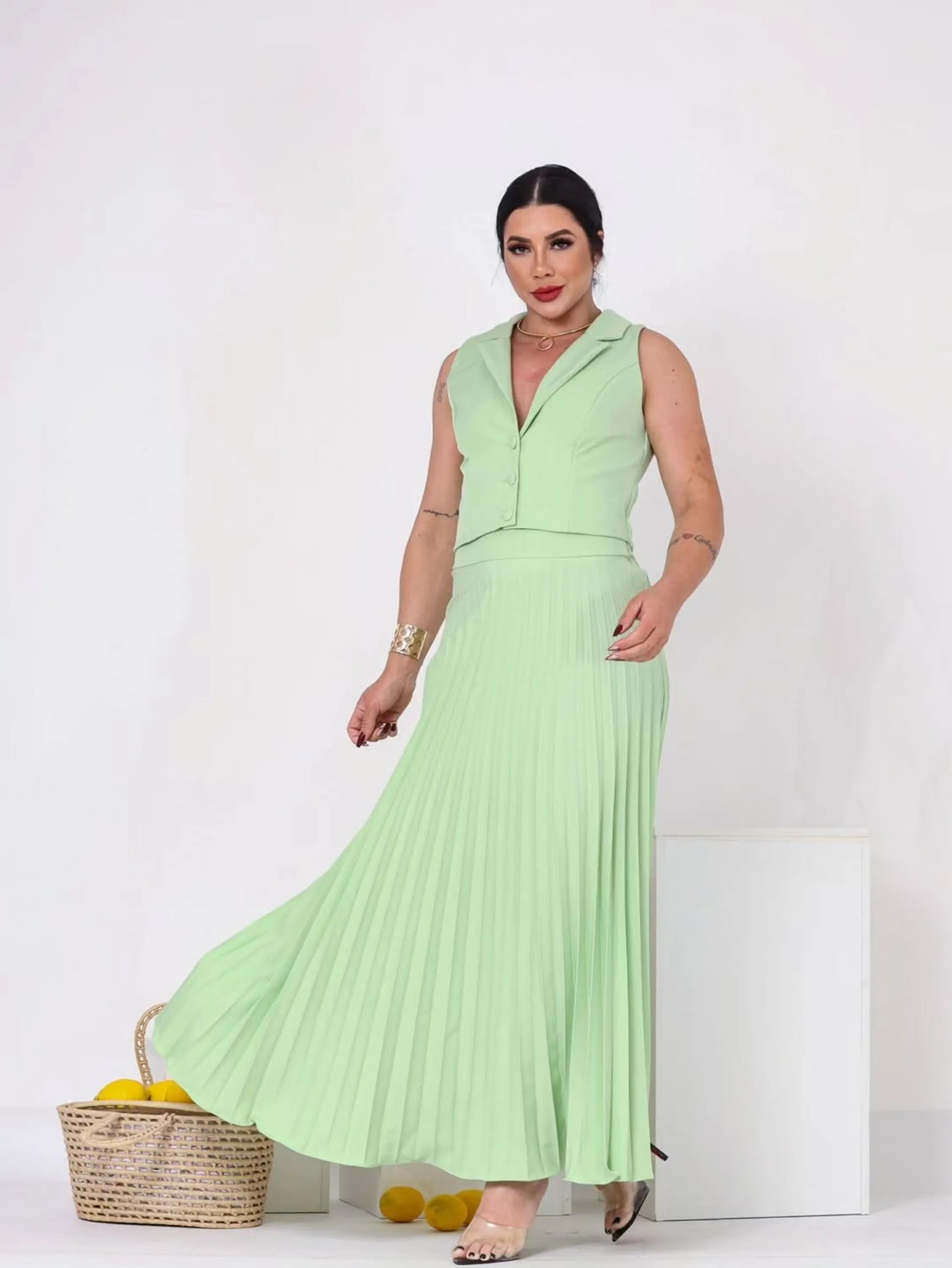 Conjunto Colete e Saia Plissada Feminino ⭐
