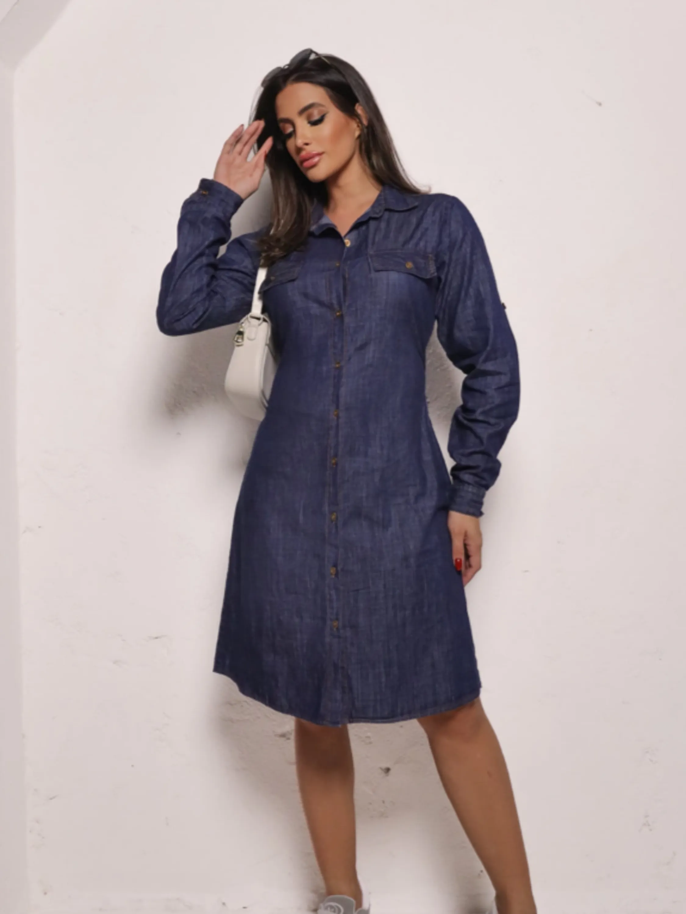 Vestido Midi Jeans Manga Longa ⭐