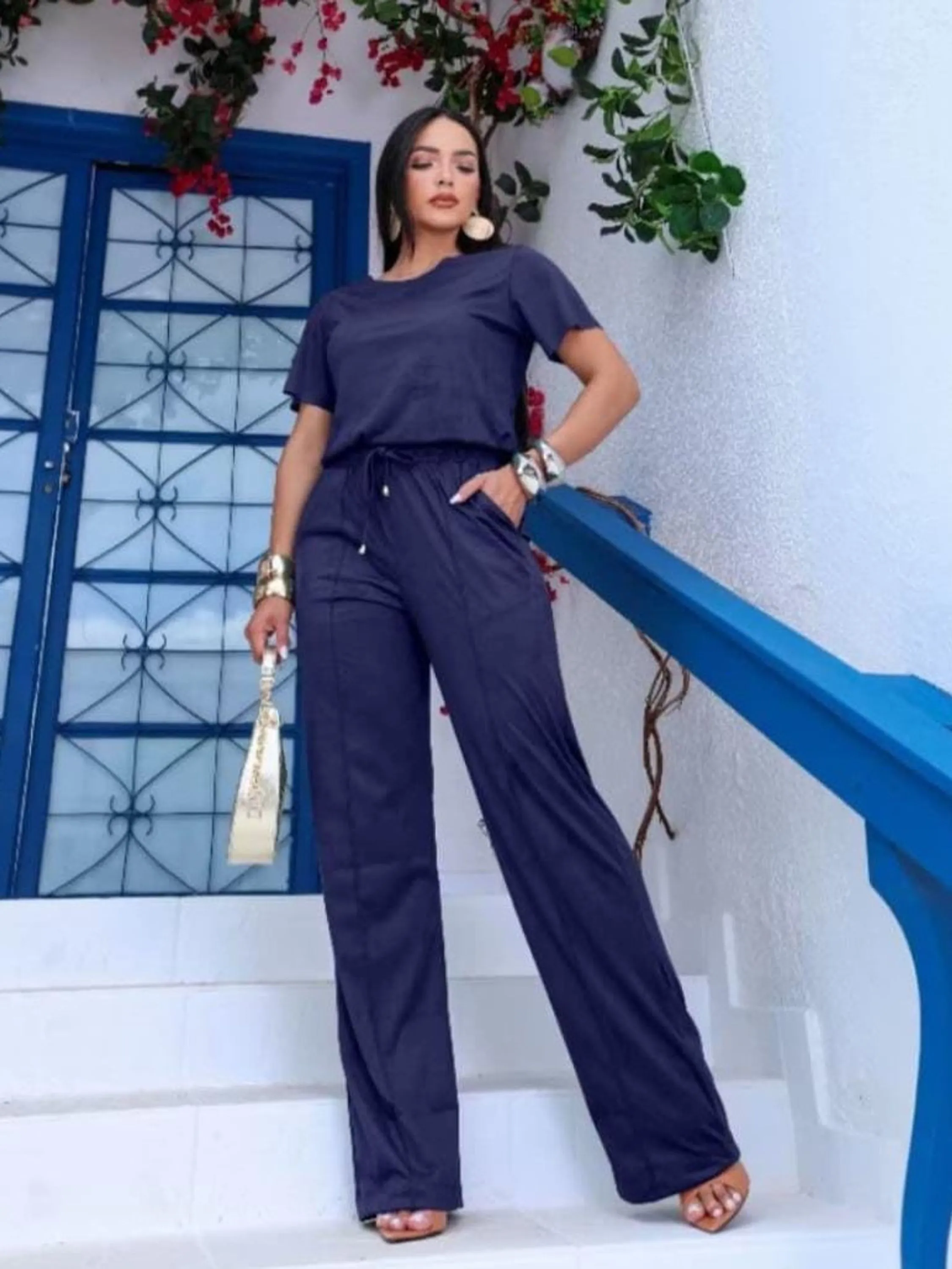 Conjunto Feminino Blusa Manga Curta + Calça Pantalona ⭐
