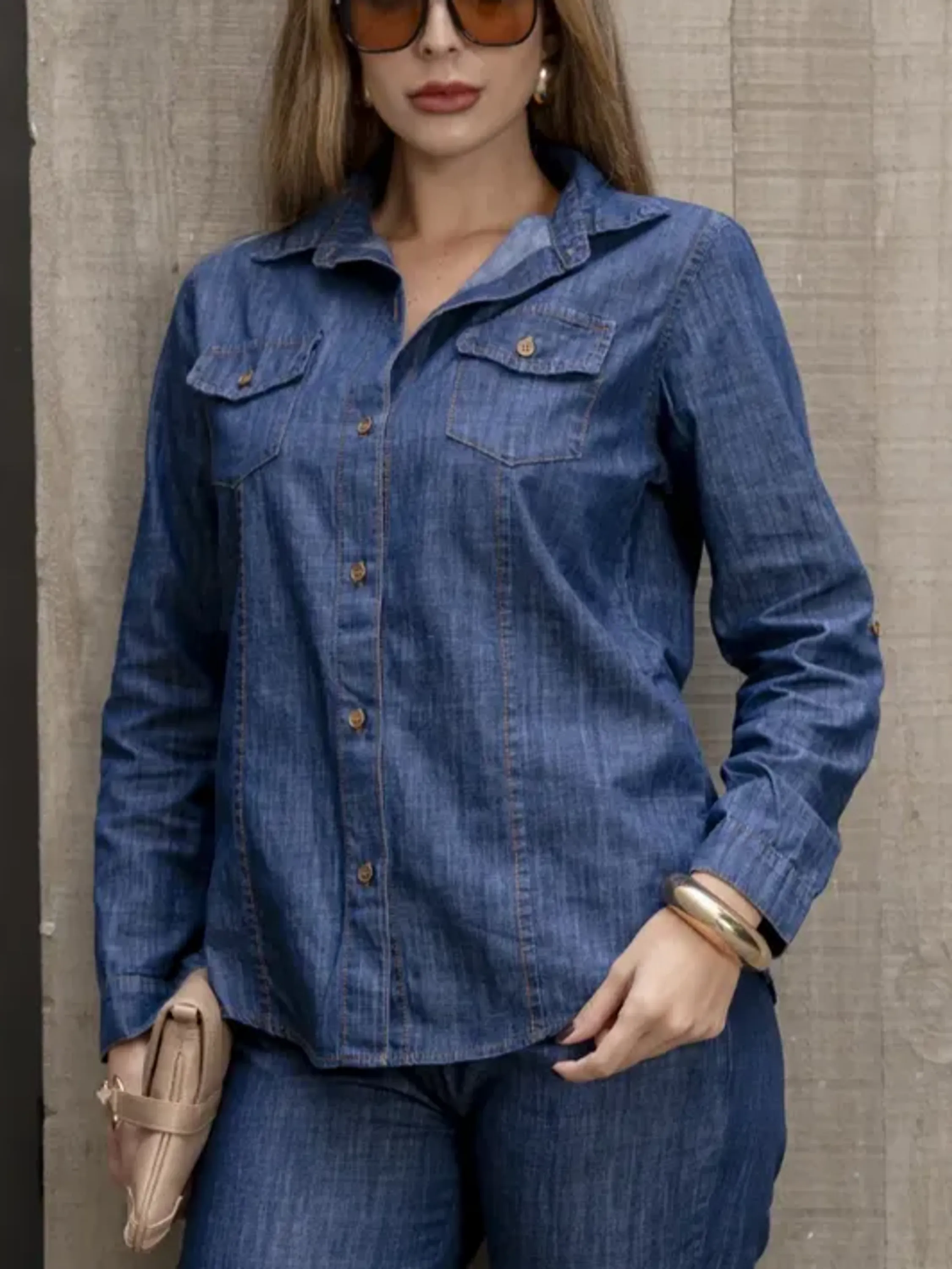 Camisa Feminina Jeans Manga Longa ⭐