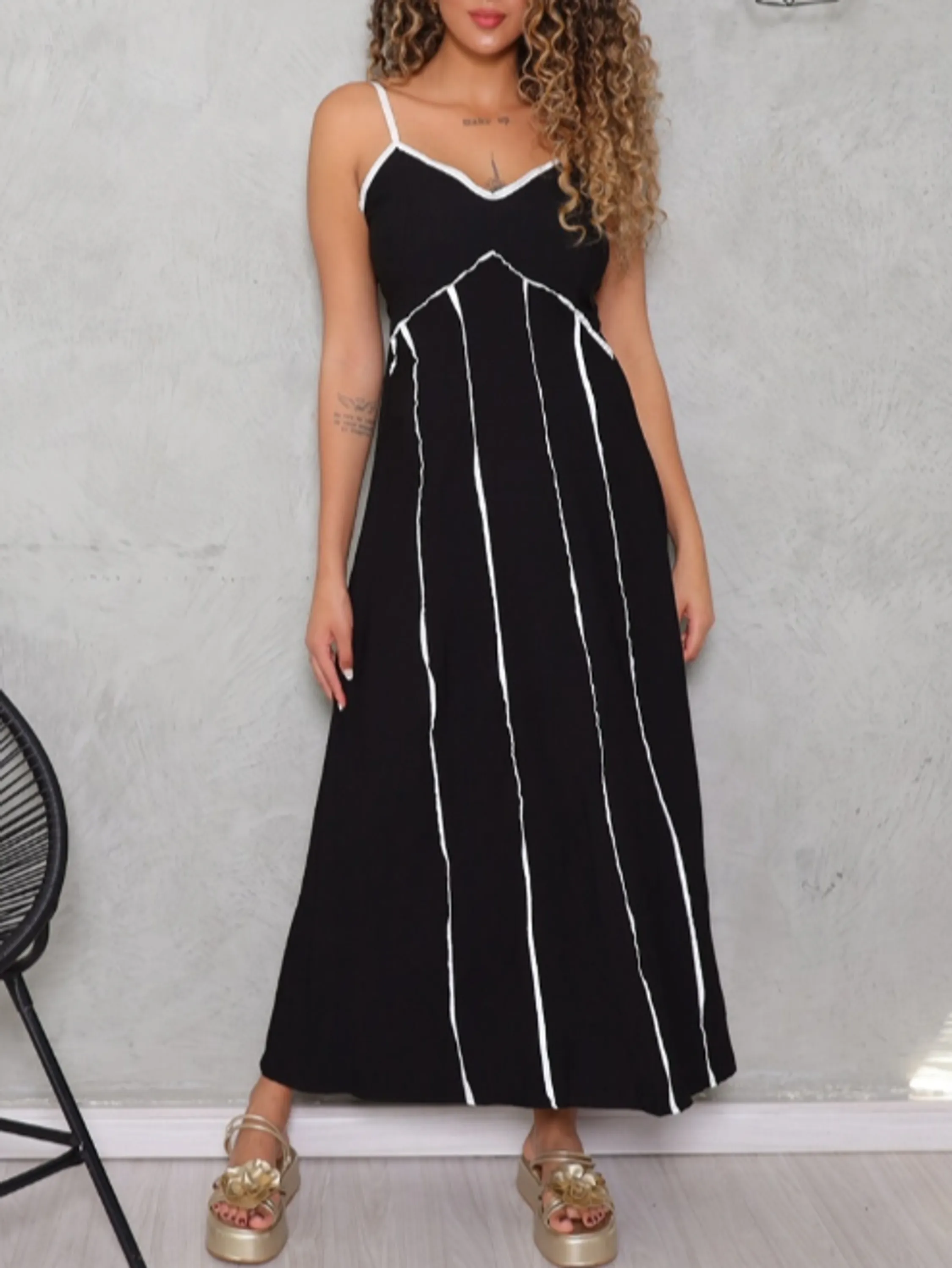 Vestido Longo Feminino Bicolor Alfaiataria ⭐