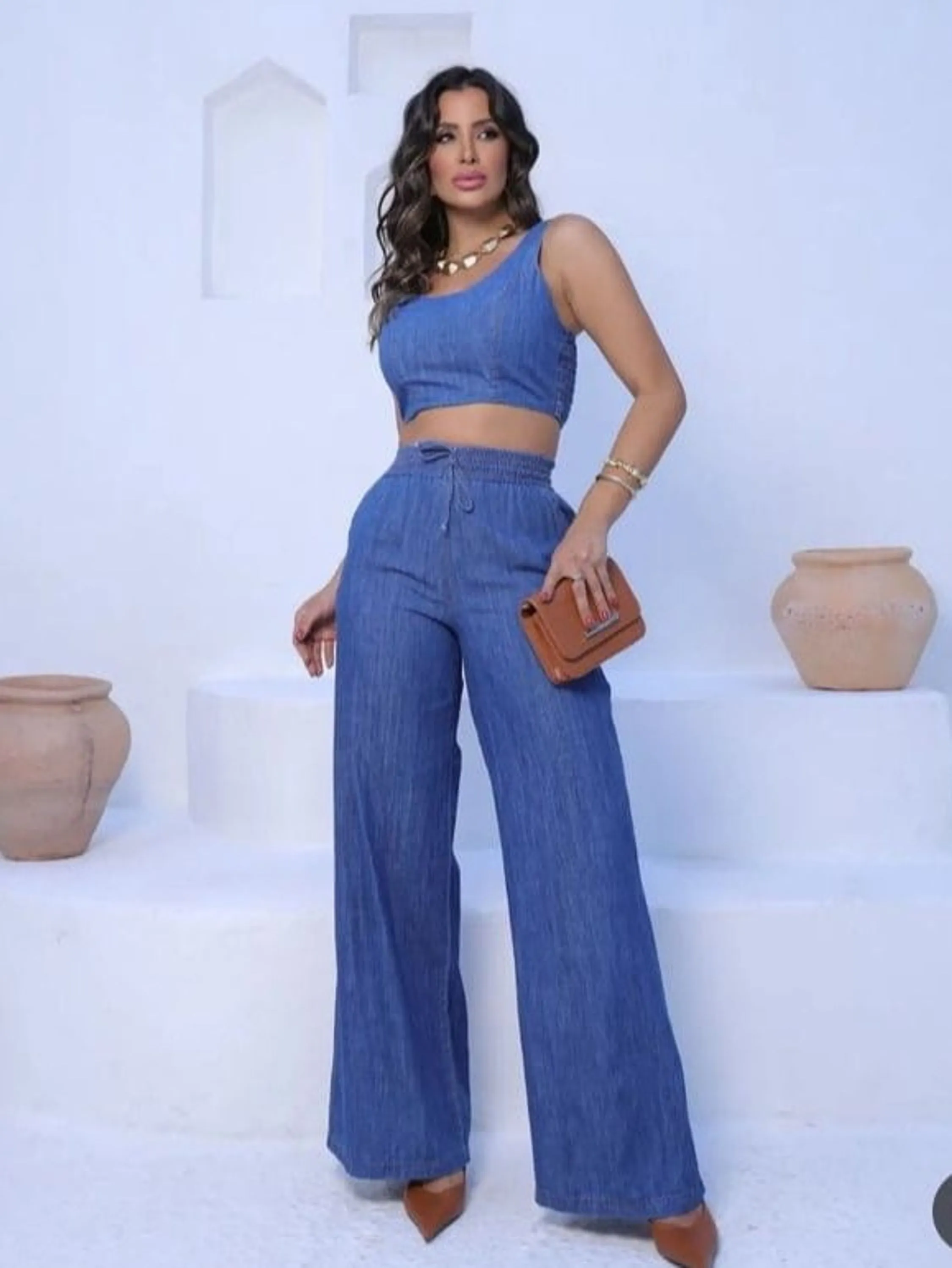 Conjunto Calça Pantalona e Cropped em  Jeans⭐⭐