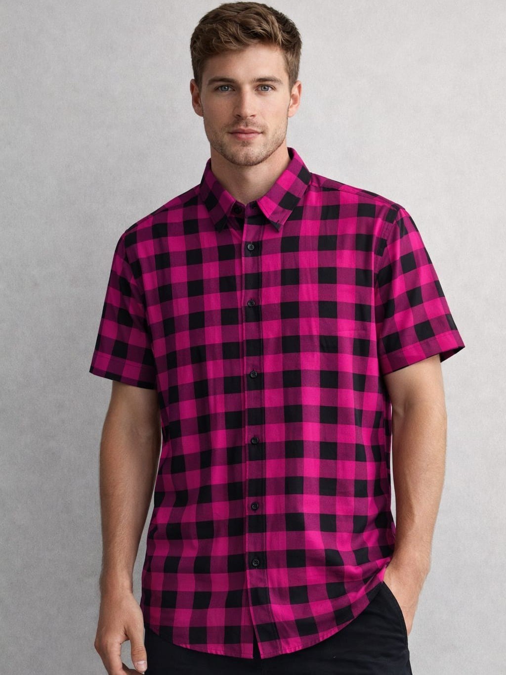 Camisa Masculina Manga Curta Xadrez Pink ⭐